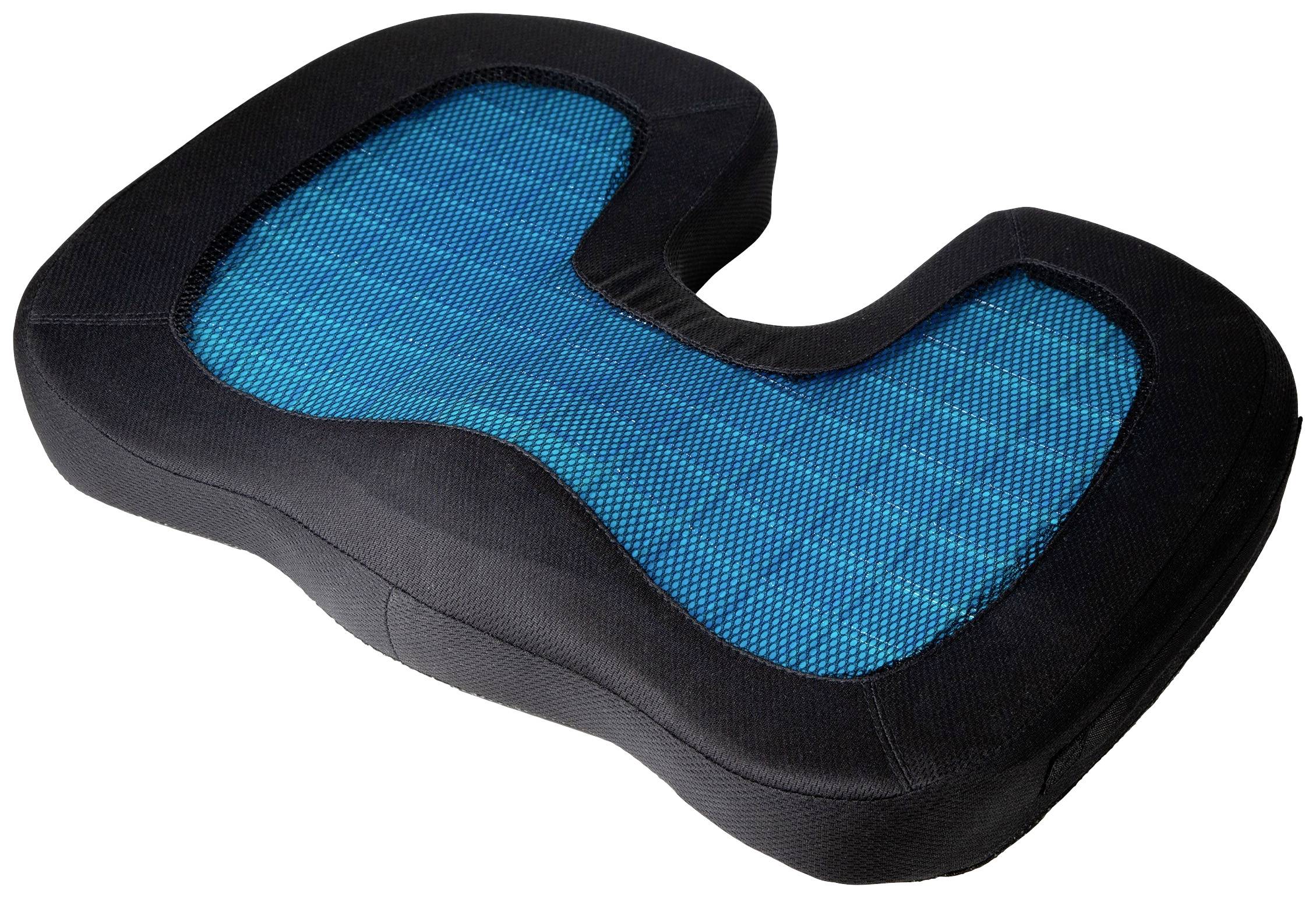 Ergonomický sedací polštář s U-tvarovým designem a modrým síťovaným povrchem, který zlepšuje pohodlí při sezení a podporuje správné držení těla.