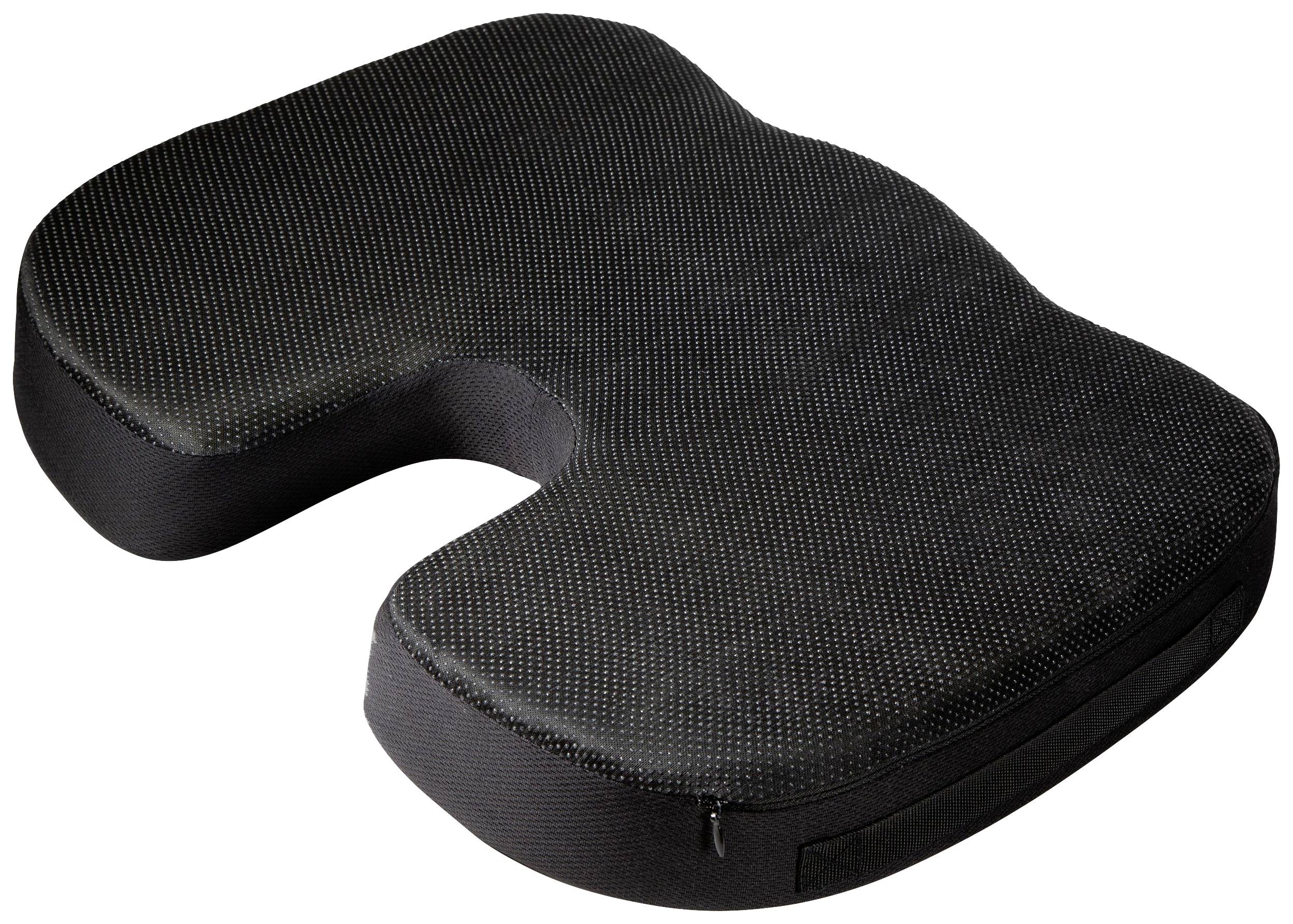 Černý ergonomický sedací polštář ve tvaru U, navržený pro uvolnění tlaku a podporu zdravého sezení.