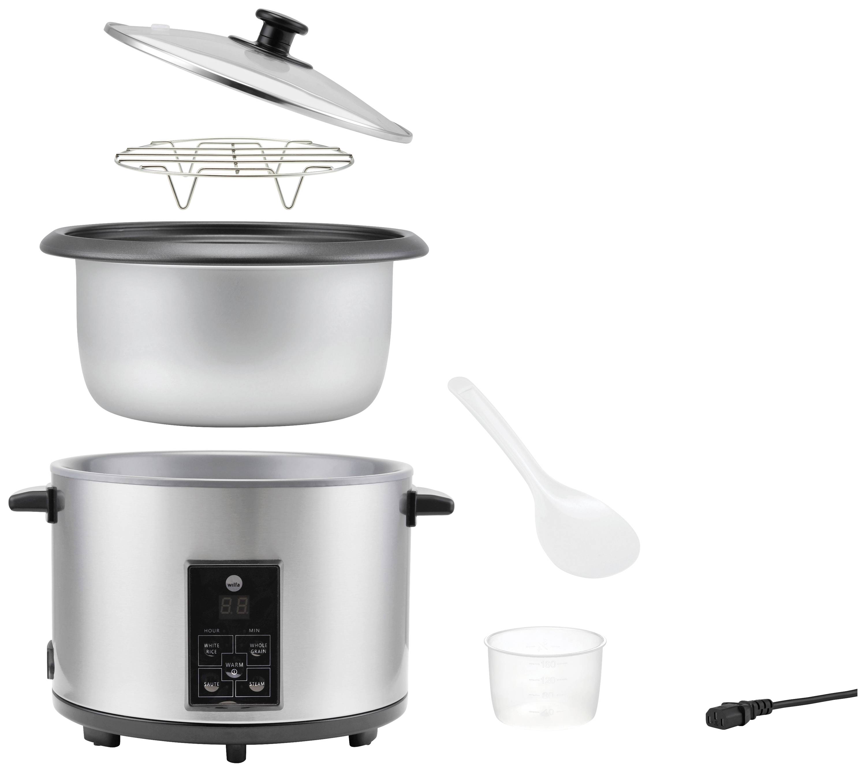 Stříbrný varný hrnec na rýži s odnímatelnou nádobou, digitálním displejem, víkem, naběračkou na rýži, odměrkou a napájecím kabelem.