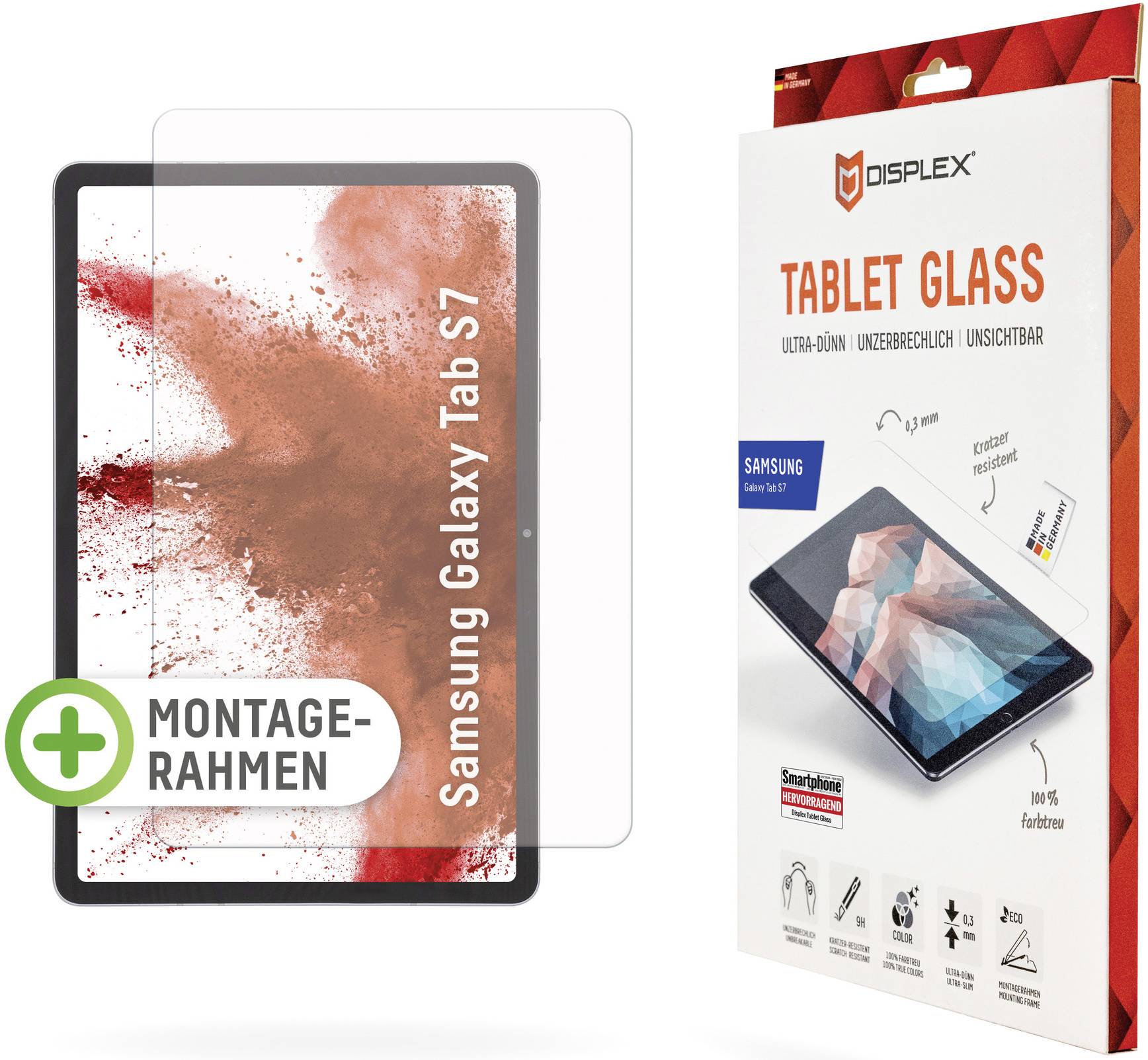 Ochranná fólie na displej pro Samsung Galaxy Tab S7 s montážním rámečkem. Balení zobrazuje vlastnosti produktu, jako je ultra tenký a nerozbitný.