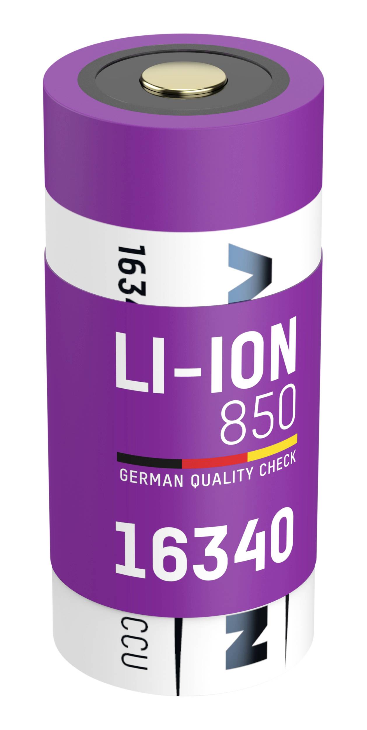 Lila lithium-iontová baterie s nápisem 'LI-ION 850' a 'German Quality Check', modelové číslo 16340.