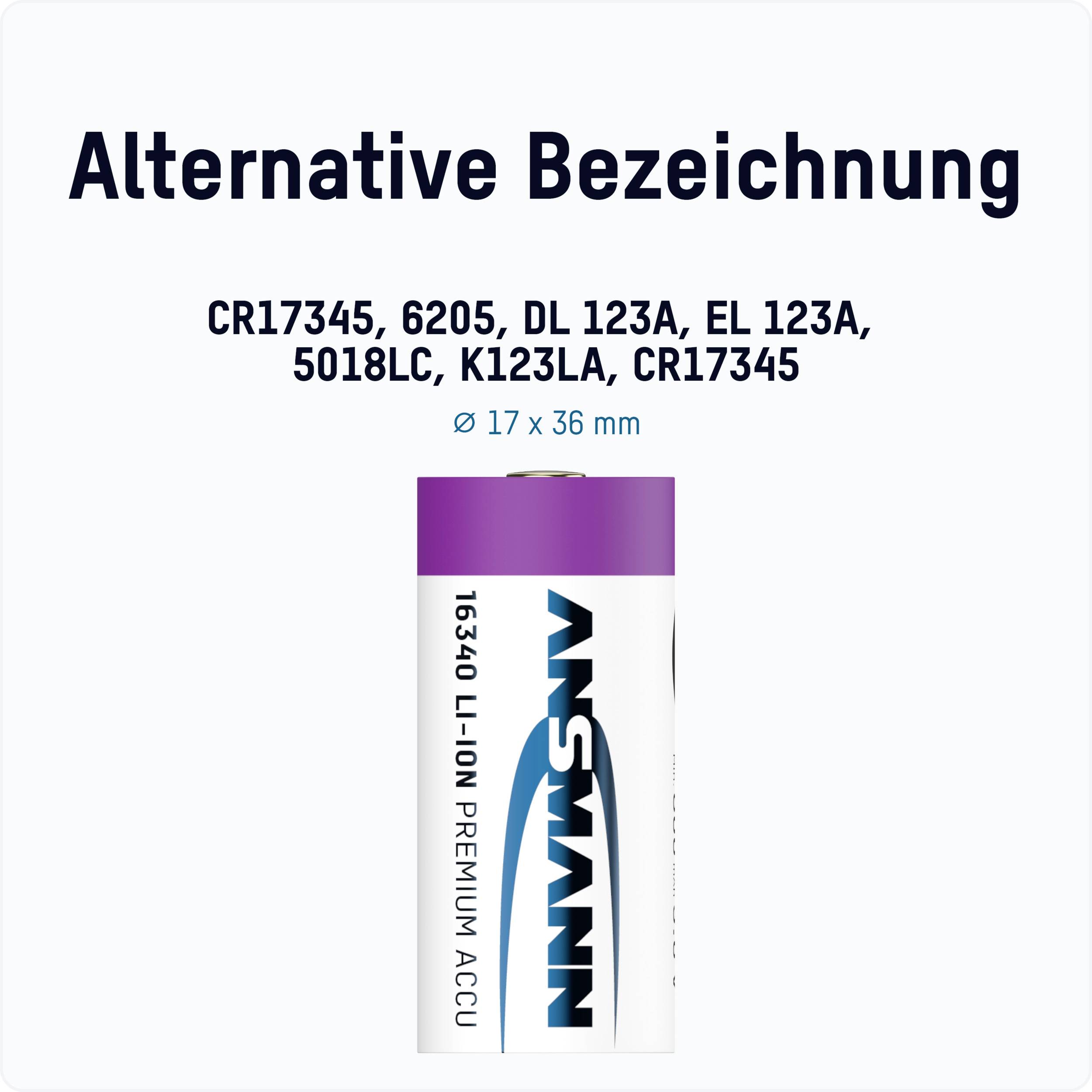 "Alternativní označení" je nad baterií s těmito specifikacemi: CR17345, 6205, DL 123A, EL 123A, 5018LC, K123LA, CR17345.