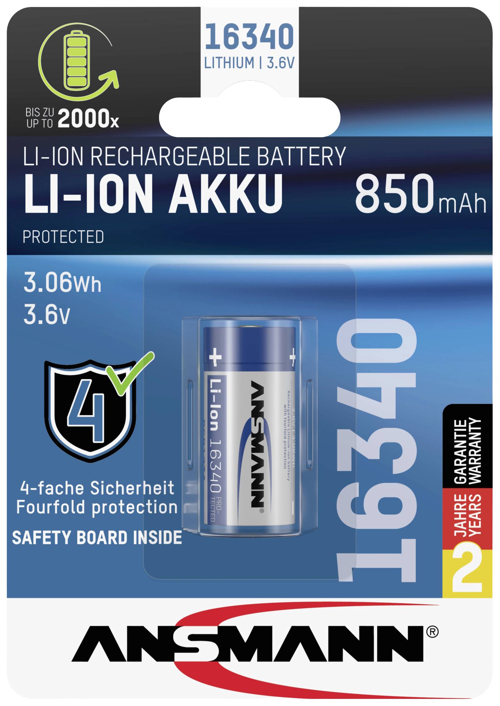 Balení dobíjecí Li-Ion baterie od Ansmannu s kapacitou 850 mAh a napětím 3,6V. Zdůrazňuje '4násobnou bezpečnost' a 2letou záruku.