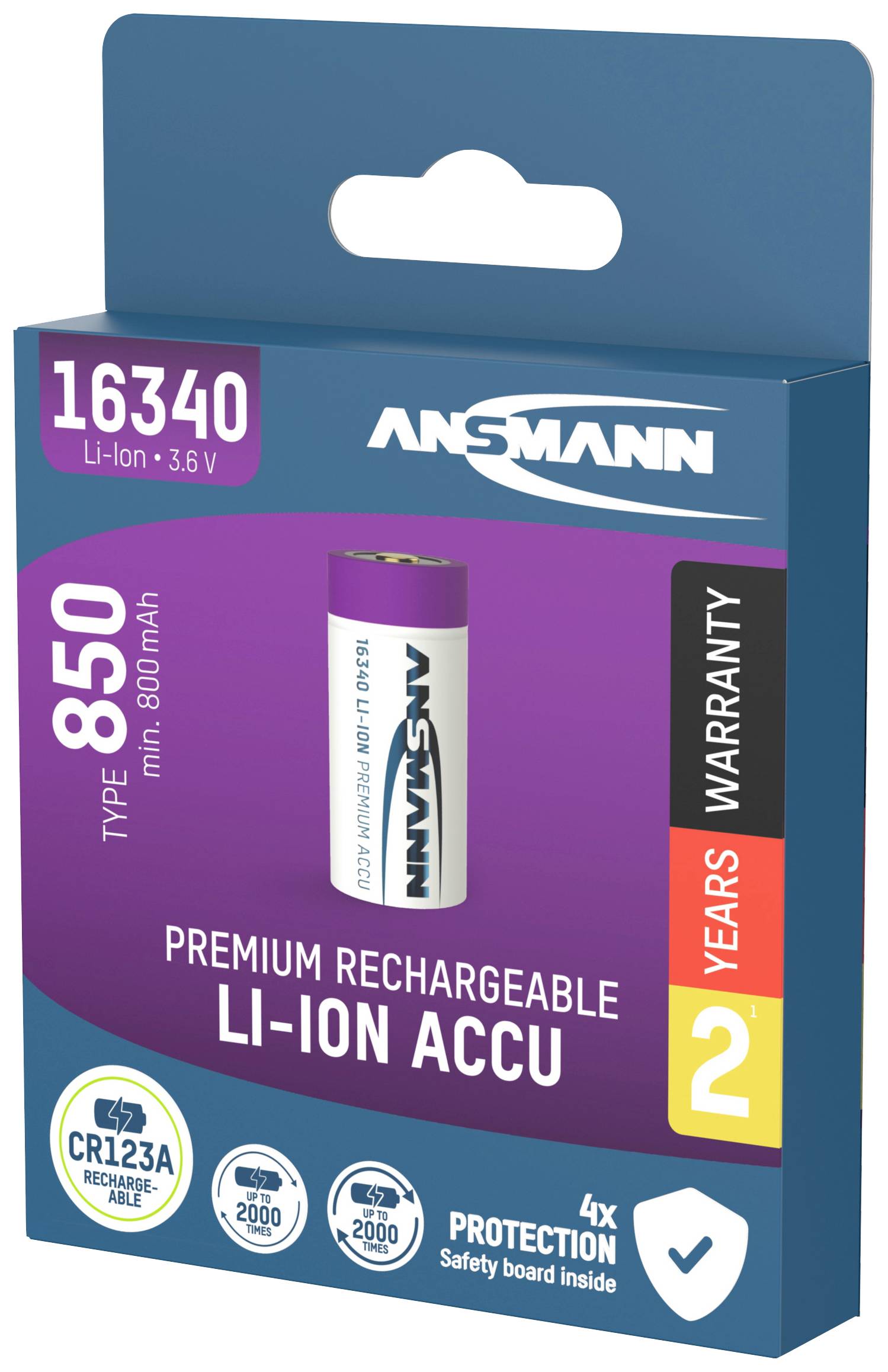 Dobíjecí lithium-iontová baterie Ansmann, typ 16340, s kapacitou 850 mAh, včetně dvouleté záruky.