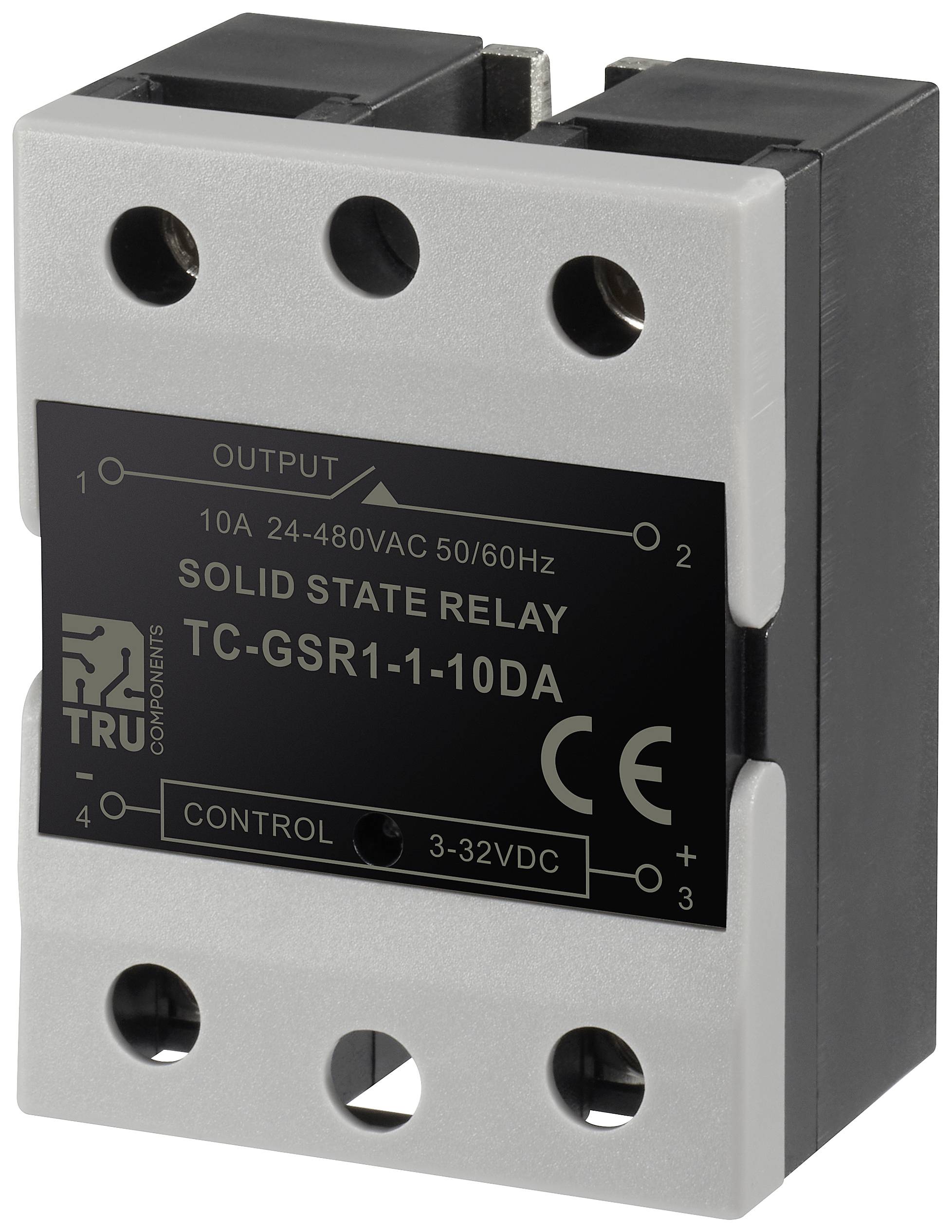Polovodičové relé s nápisem 'Solid State Relay TC-GSR1-1-10DA', 10A, 24-480VAC, 3-32VDC, před bílým pozadím.