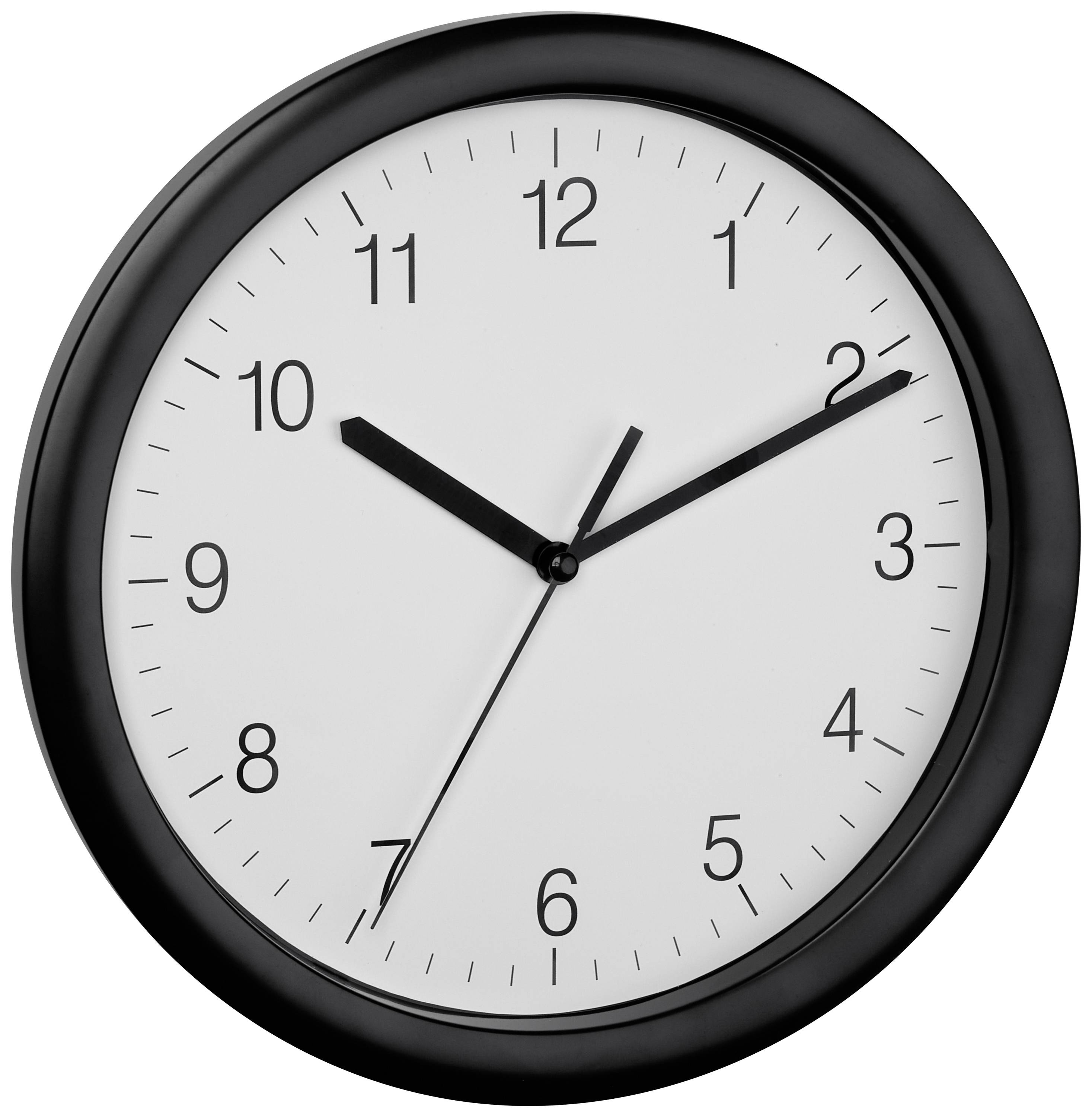 Analogové nástěnné hodiny s černým rámem a bílým ciferníkem ukazují 10:10 hodin.