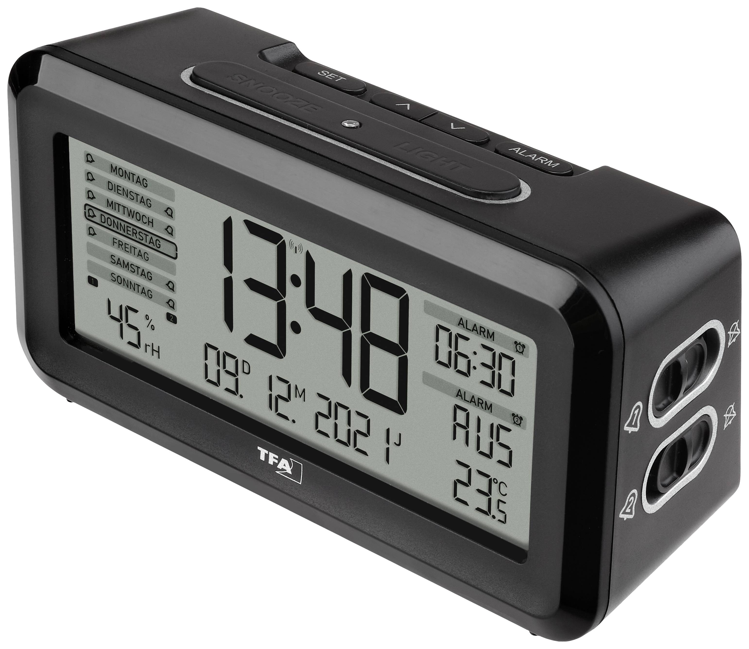 Digitální budík ukazuje '13:48', datum '09.12.2021', čas buzení '06:30'. Teplota '23°C', vlhkost vzduchu '45%'.