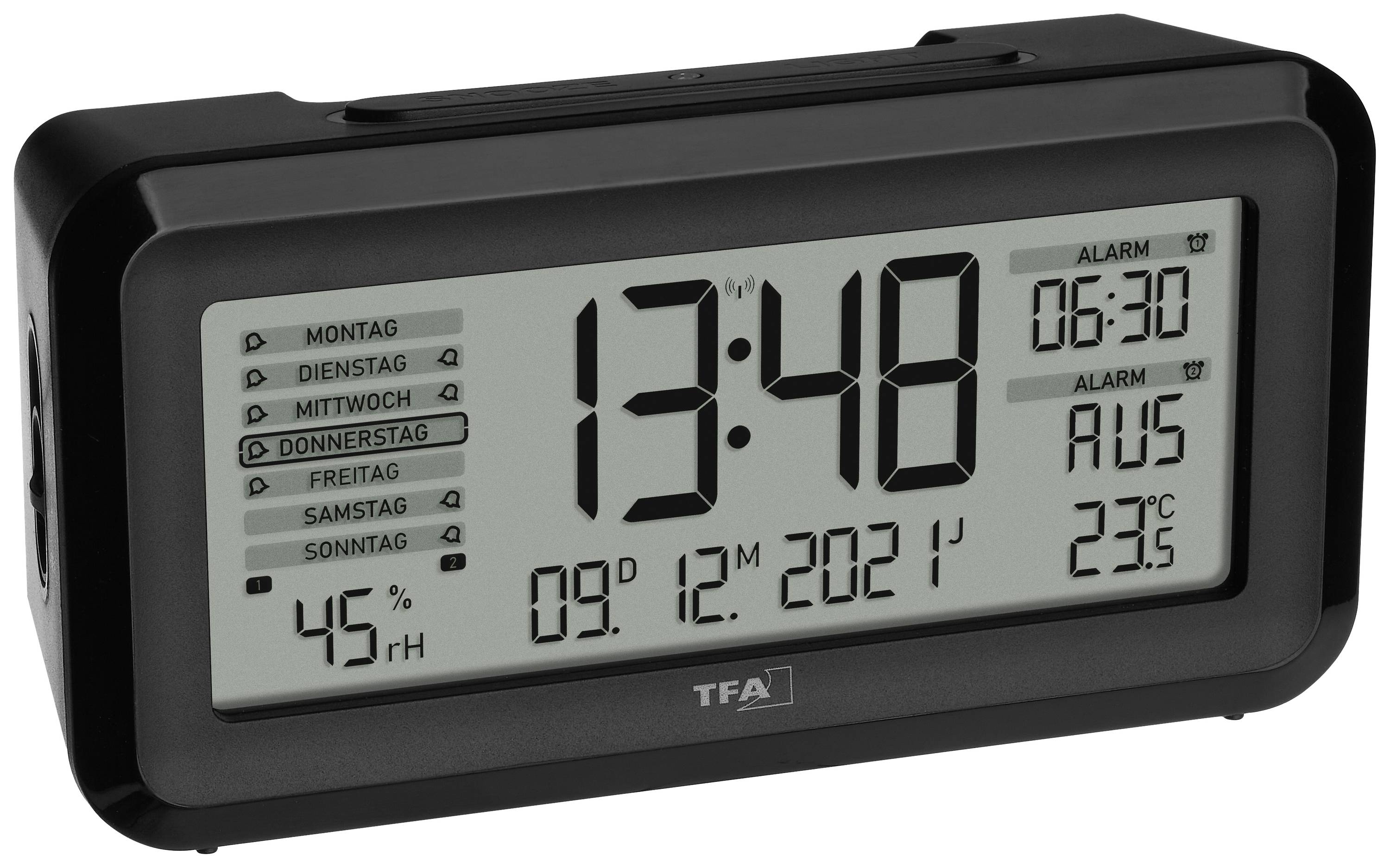 Digitální budík s displejem s časem '13:48', datem '09.12.2021', dnem v týdnu 'Čtvrtek', dobou buzení '06:30', teplotou '23°C'.