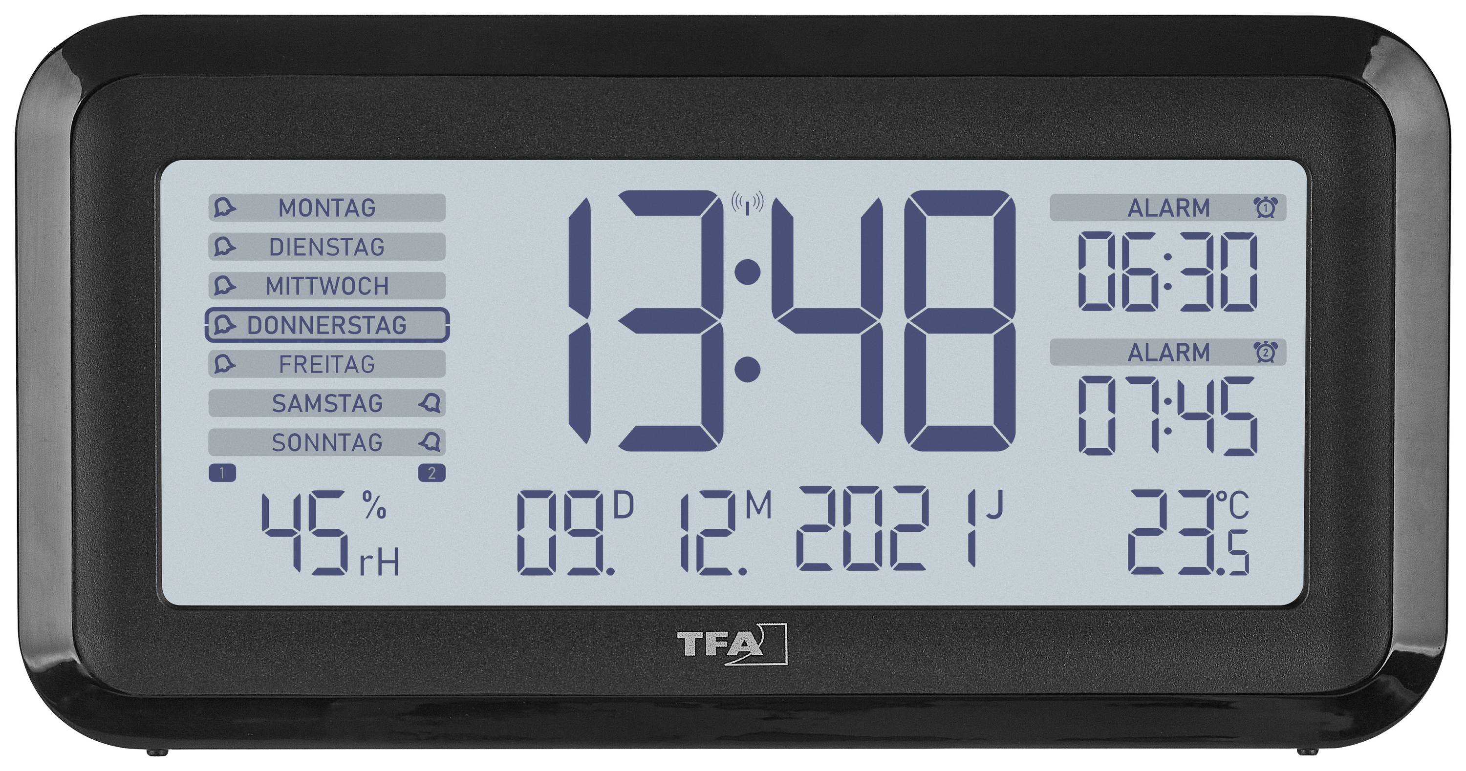Digitální hodiny ukazují 13:48 ve čtvrtek. Budík nastaven na 06:30 a 07:45. Datum je 09.12.2021. Teplota: 22°C, vlhkost vzduchu: 45%.