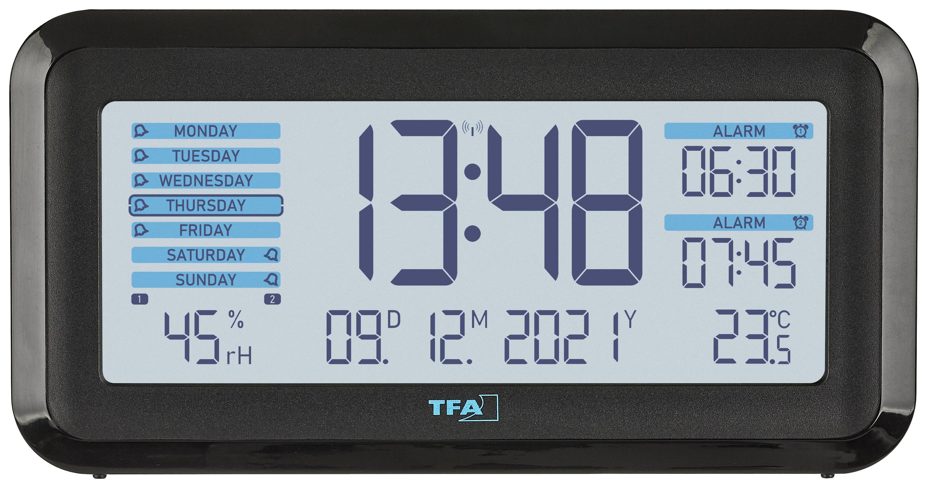 Digitální hodiny s datem: Pondělí, 9. prosince 2021, 13:48. Dva budíky: 6:30 a 7:45. Ukazuje 45% vlhkosti vzduchu a 22°C.