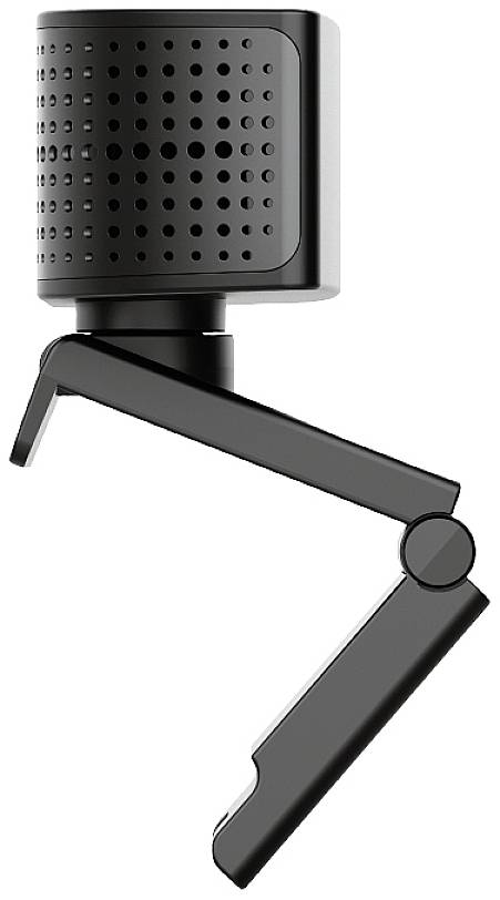 Černý stolní mikrofon s perforovaným válcovým designem, zobrazený z boku. Ideální pro audio nahrávání nebo streamovací sestavy.