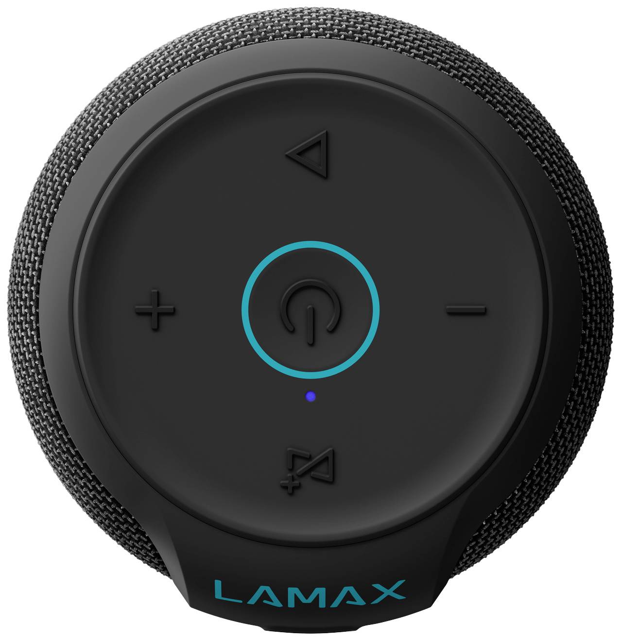 Kulatý černý Bluetooth reproduktor pohledem shora, s tlačítky pro ovládání hlasitosti, přehrávání/pozastavení a napájení. Nápis 'LAMAX' je viditelný.