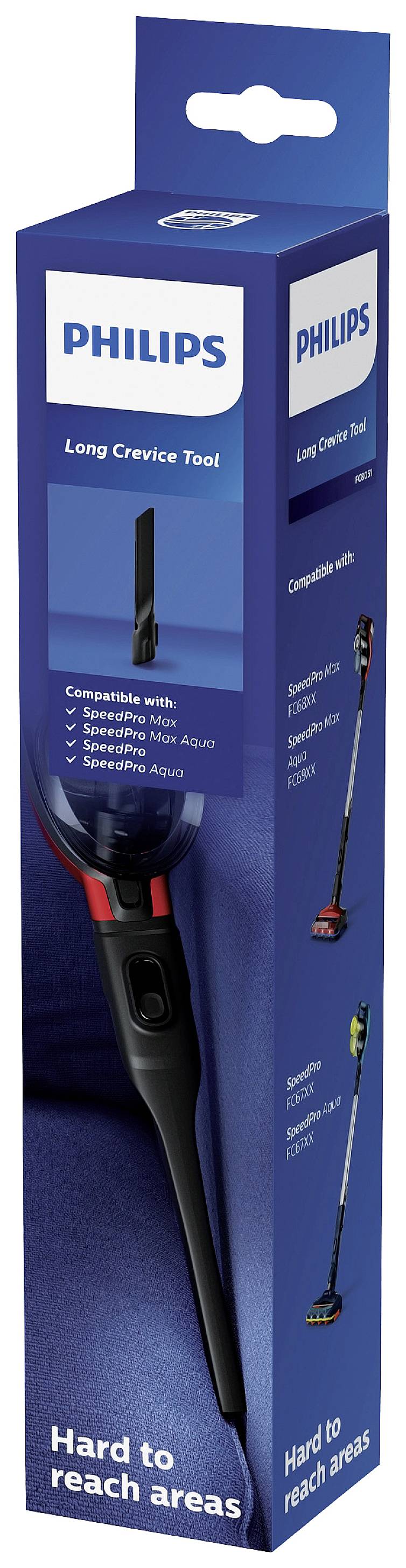 Obal příslušenství Philips - 'Long Crevice Tool', vhodný pro obtížně dostupná místa. Obrázek černého tryskového nástavce.