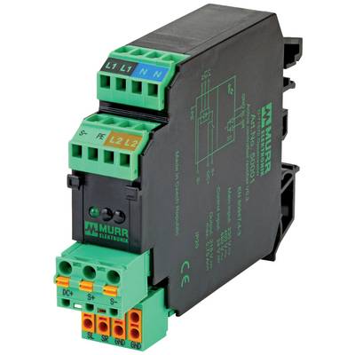 Elektronický modul od společnosti Murr Elektronik s různými vstupy a zelenými připojovacími svorkami na černém pouzdře.