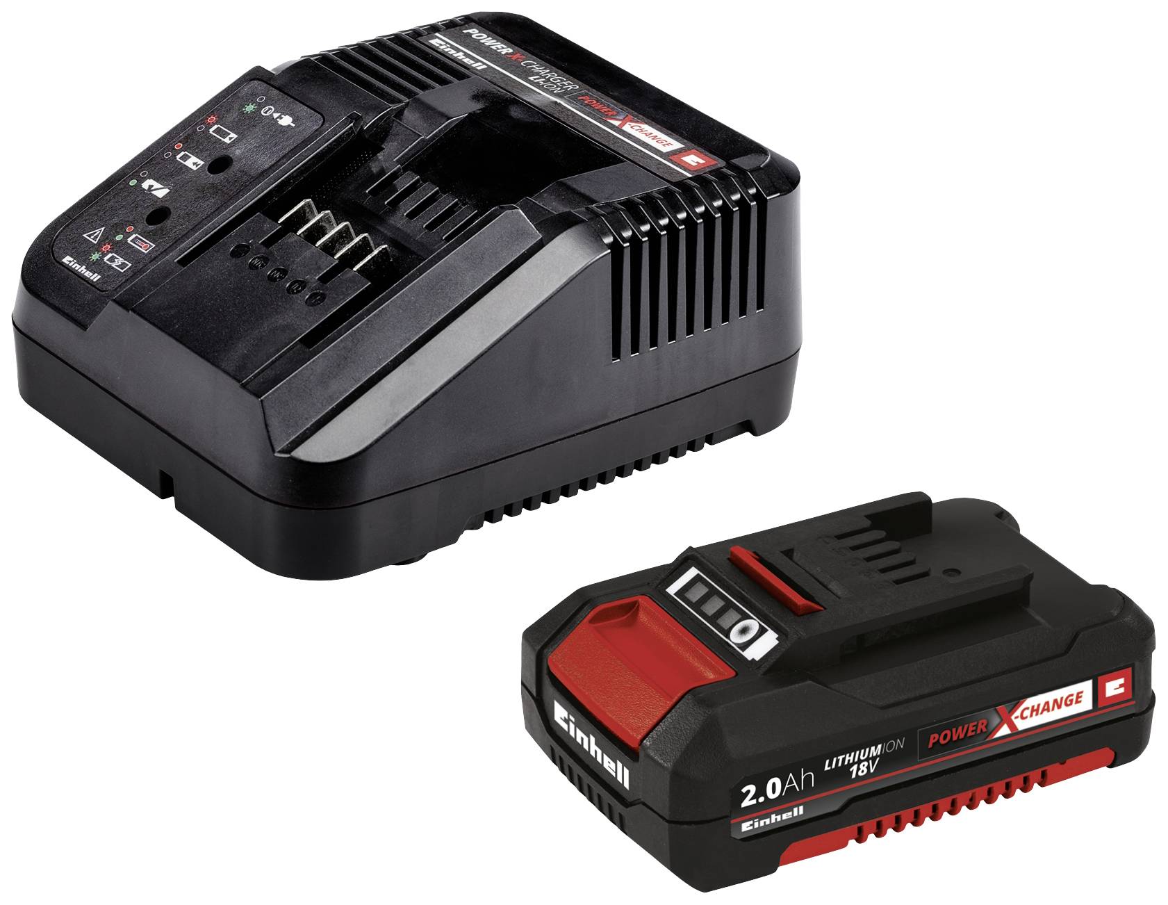 Nabíječka a lithium-iontová baterie od Einhellu s technologií Power X-Change, kompatibilní s 18V, 2,0 Ah.