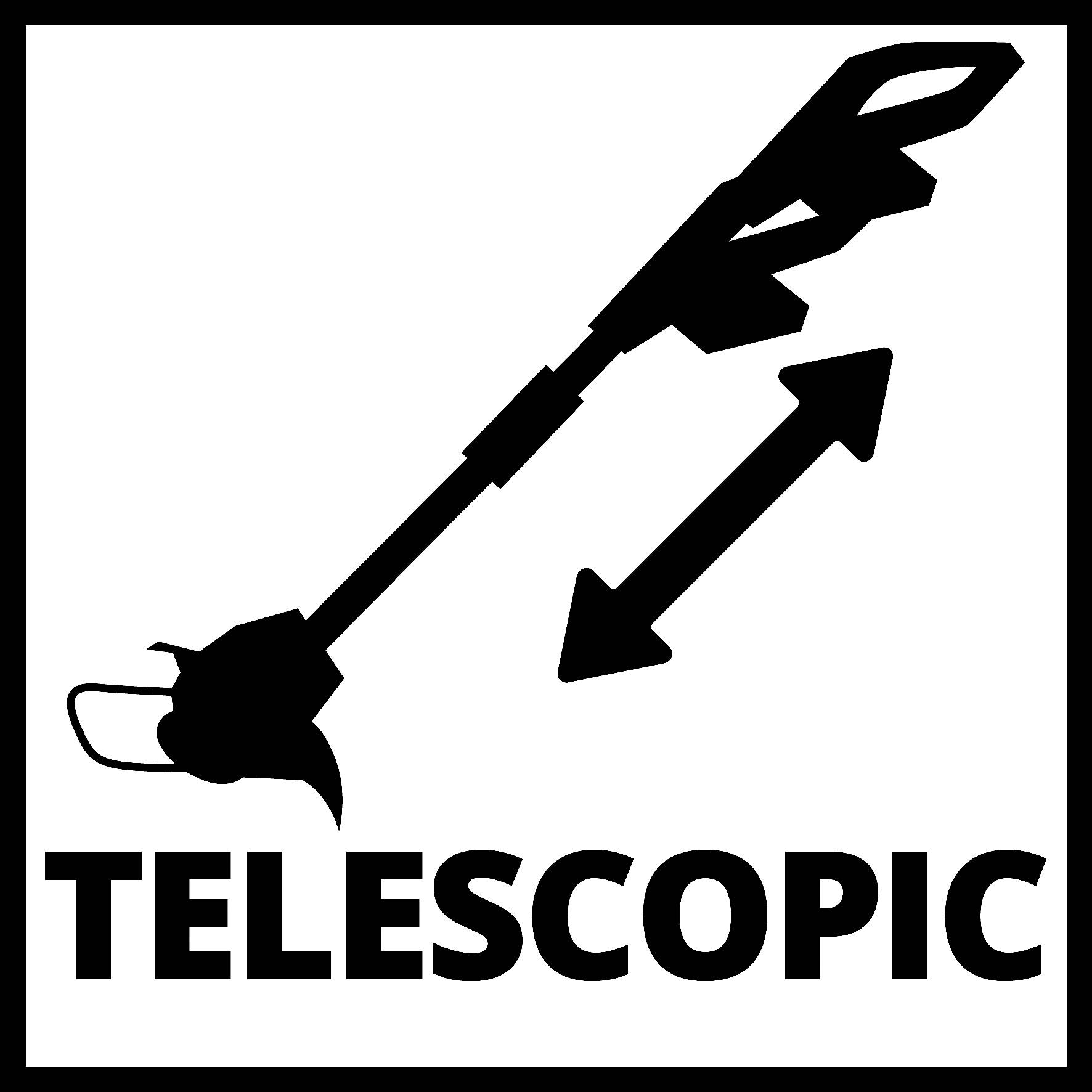 Obrázek ukazuje symbol teleskopického zahradního nástroje s oboustrannou šipkou, která znázorňuje roztažení, a slovem 'TELESCOPIC'.