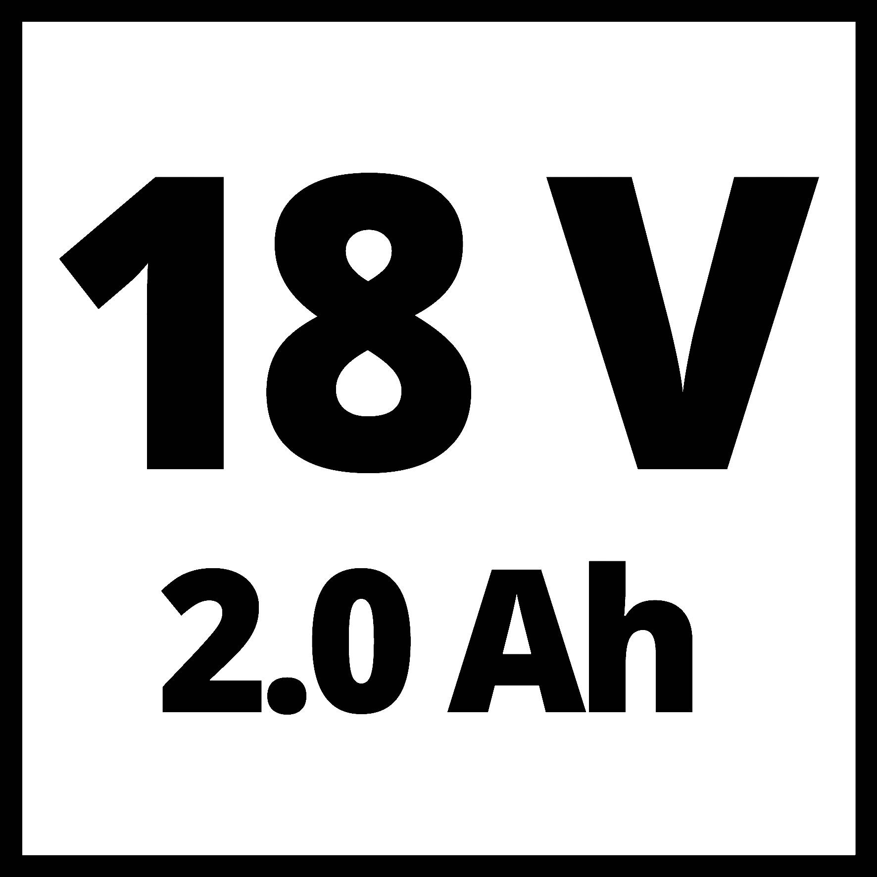 '18 V 2,0 Ah' je napsáno tučným černým písmem na bílém pozadí. Toto označení udává napětí a kapacitu akumulátoru.