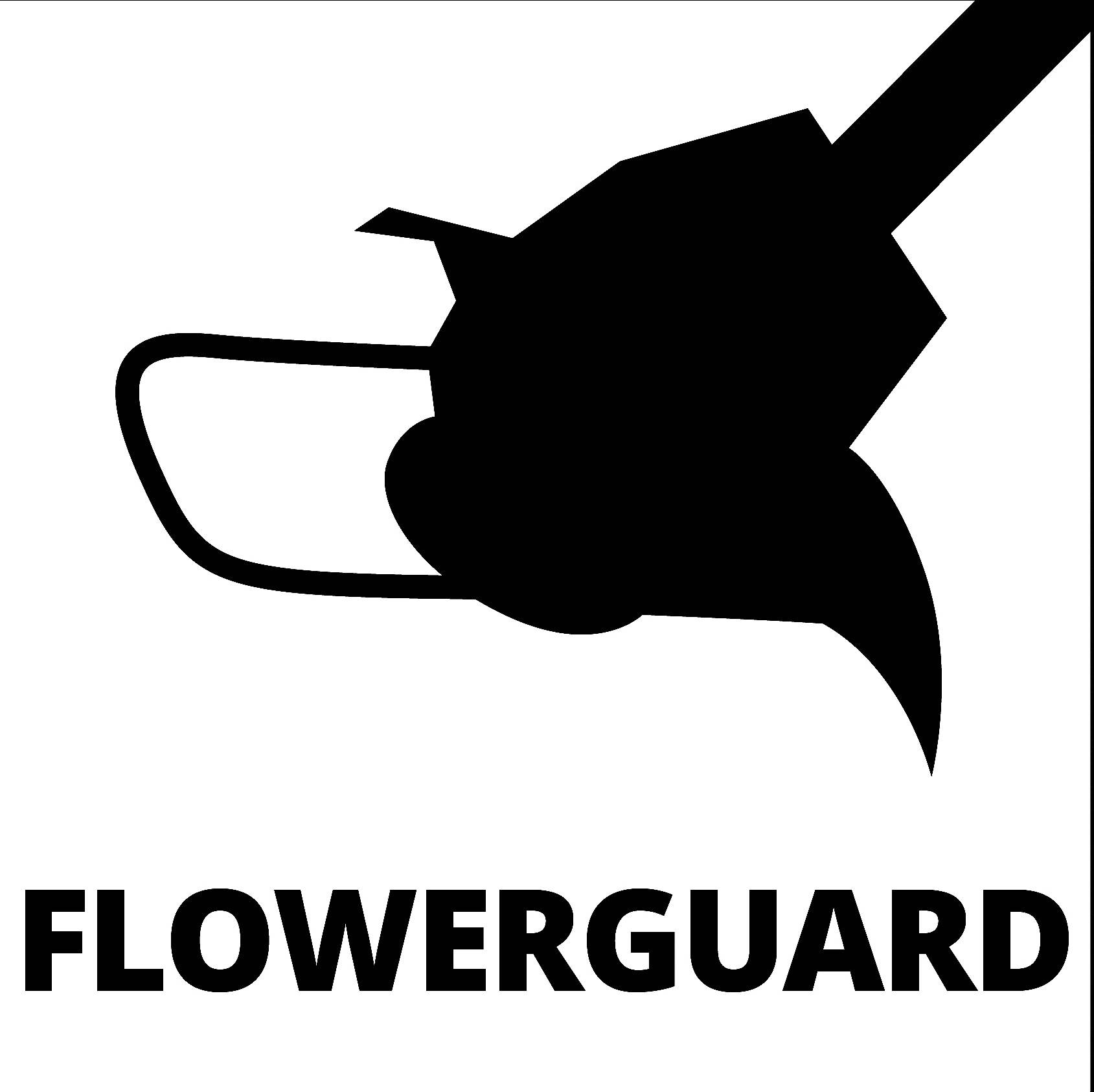 Černý siluetový obrázek motorového zahradního nářadí používaného pro péči o rostliny. Text dole: 'FLOWERGUARD'.