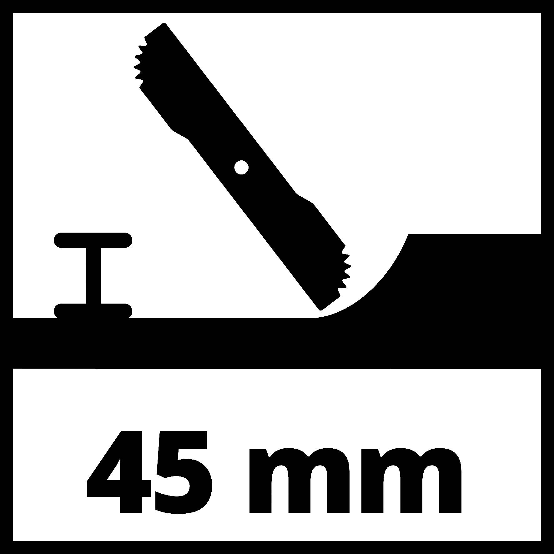 Symbol pro maximální hloubku řezu přímočaré pily 45 mm. Je zobrazen tvar pilového listu a údaj '45 mm'.