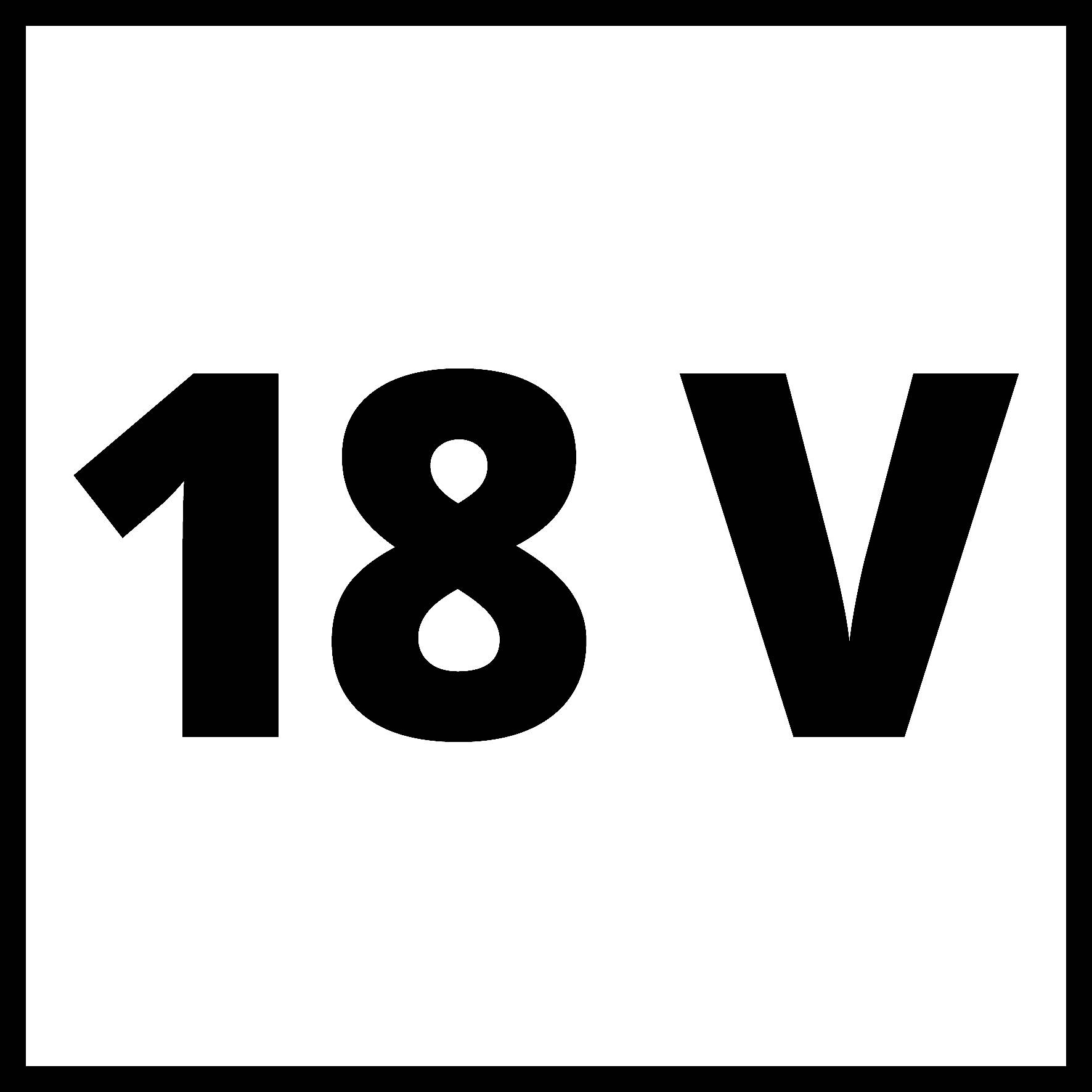 Číslo '18 V' je napsáno tučně černým písmem na bílém pozadí.