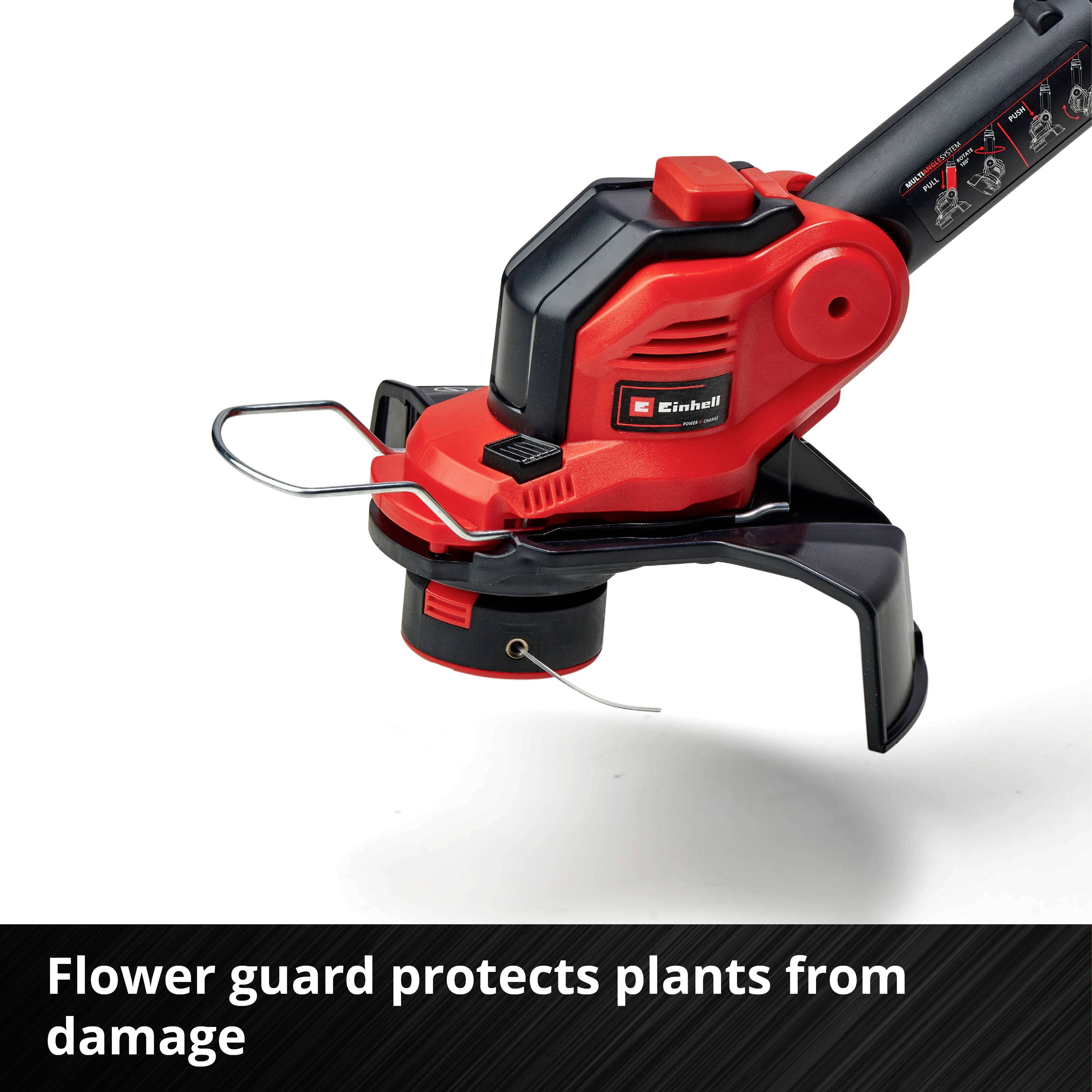 Červený travní žací stroj s černou rukojetí. 'Flowerguard' chrání rostliny před poškozením.