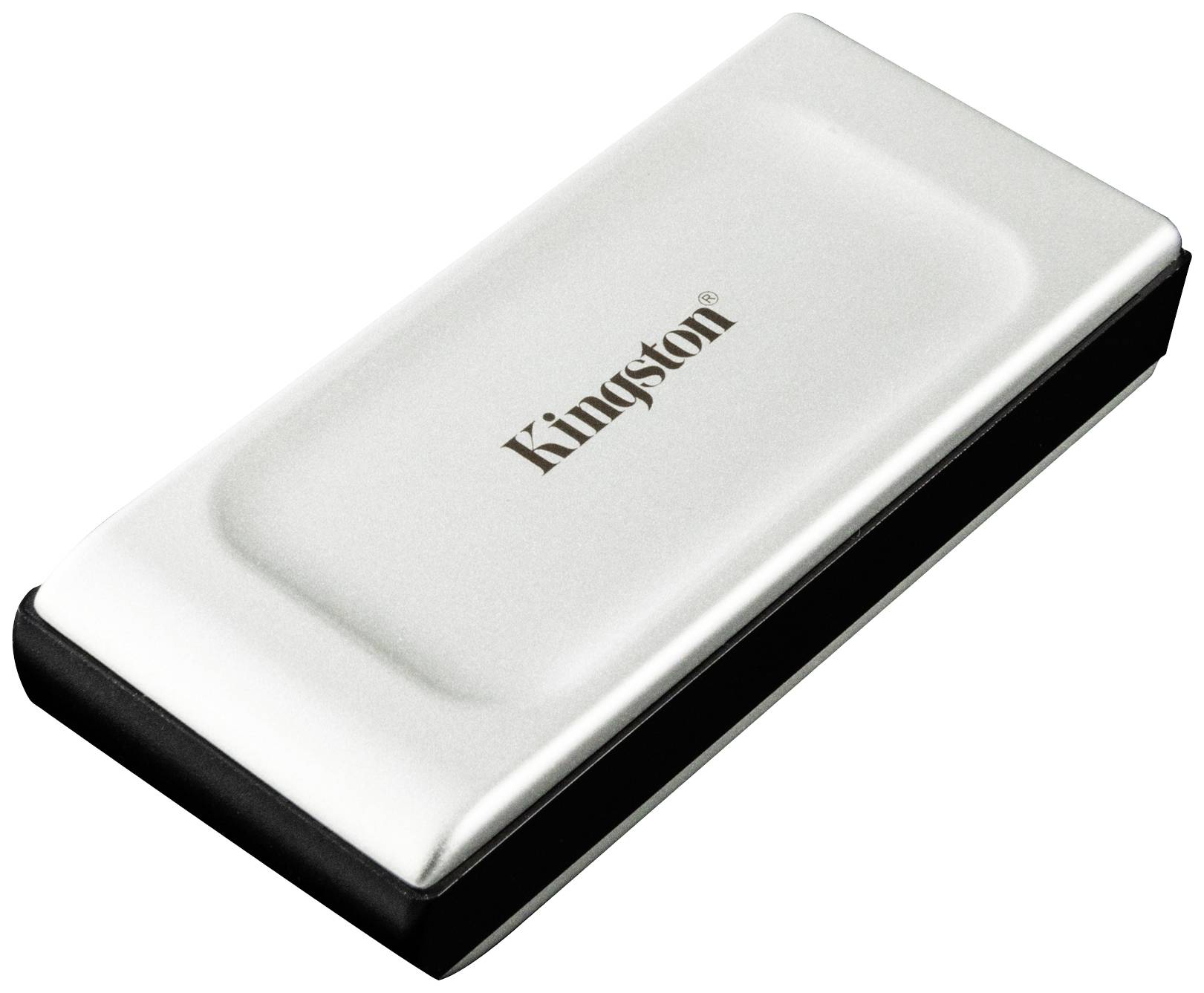 Externí pevný disk Kingston se stříbrným tělem a černým okrajem, vhodný pro ukládání a přenos dat.