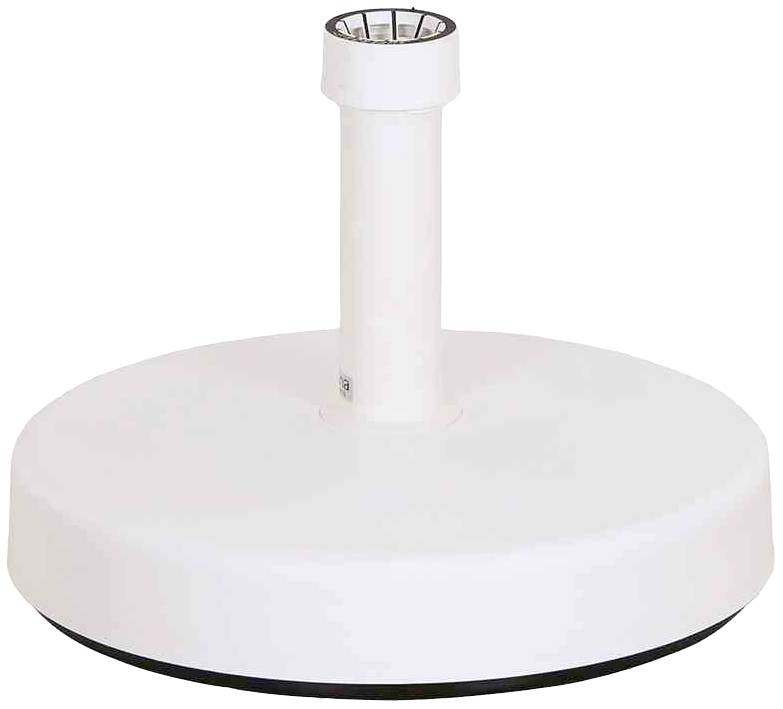 Bílý, kulatý podstavec stojací lampy s centrální trubkou pro upevnění stínidla, minimální dekorativní prvky.