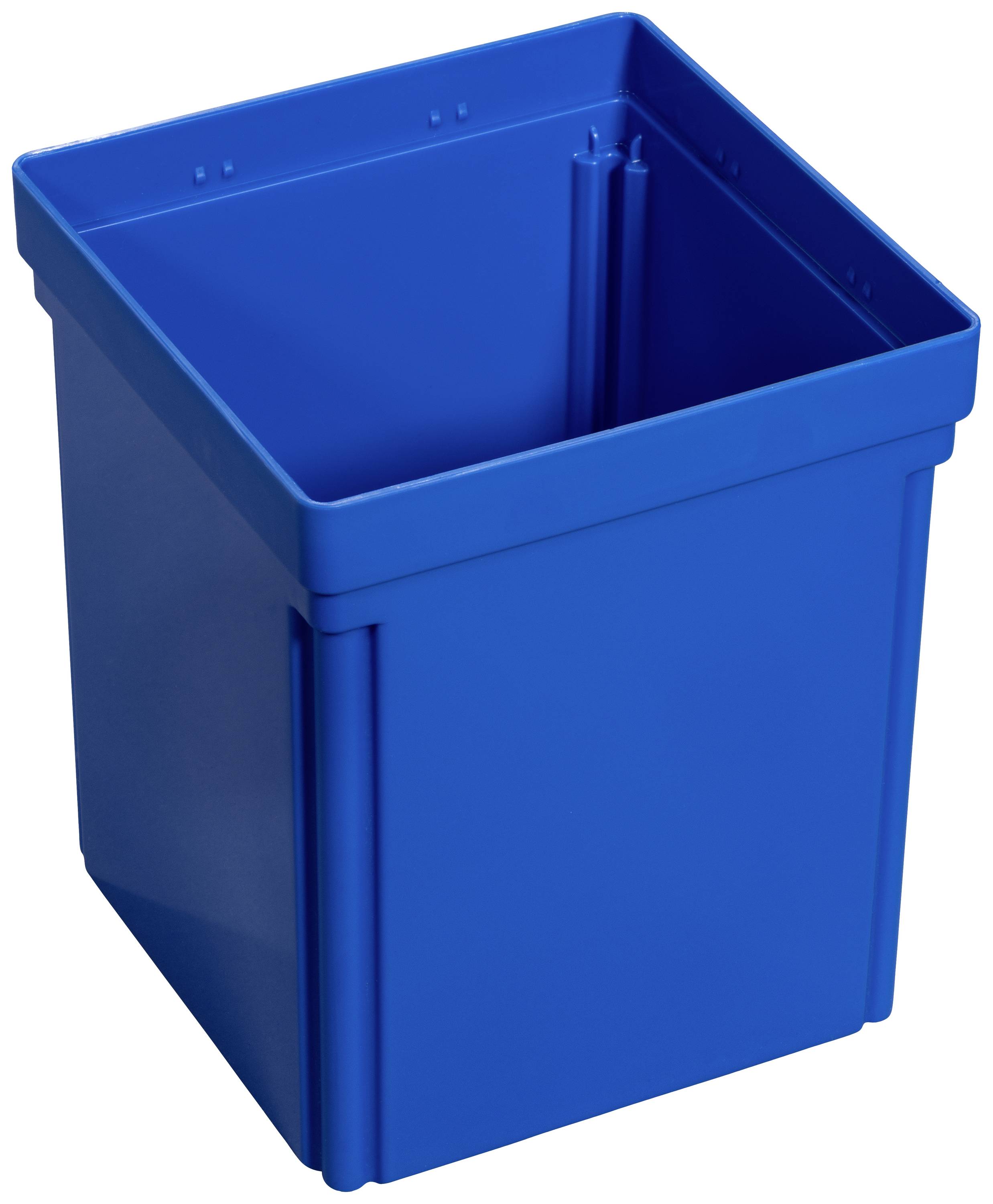 Modrý prázdný plastový recyklační kontejner čtvercového tvaru.