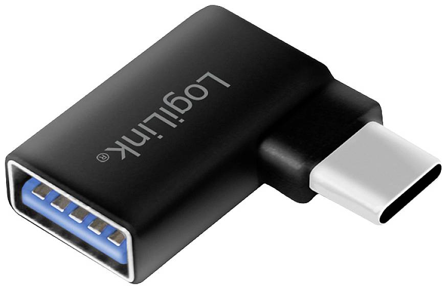 Černý USB-C na USB-A adaptér s modrou vnitřní výplní a nápisem 'LogiLink', který zobrazuje konverzi typů konektorů.