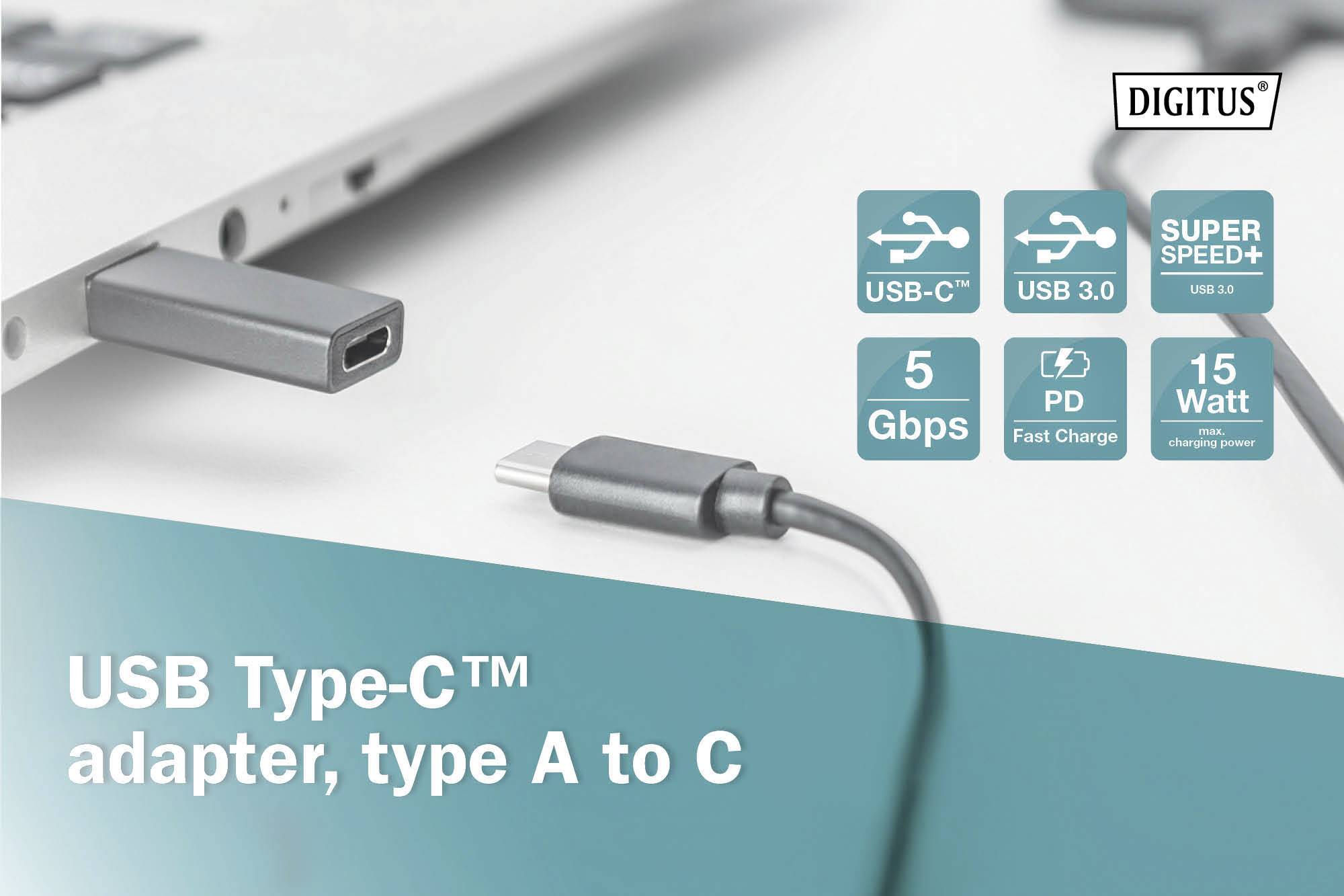 USB Type-C adaptér, Typ A na C, zobrazuje dva USB porty. Markování: 'USB-C', 'USB 3.0', '5 Gbps', 'PD rychlonabíjení', '15 wattů'.