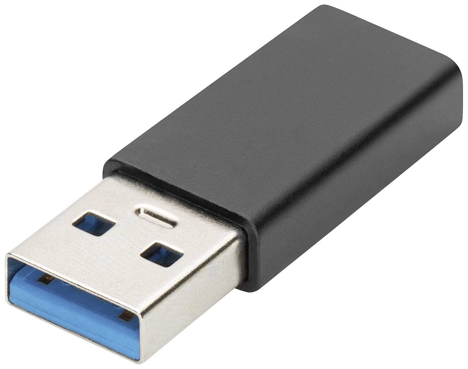 USB flash disk s černým pouzdrem a modrým vnitřkem, zobrazený na bílém pozadí.