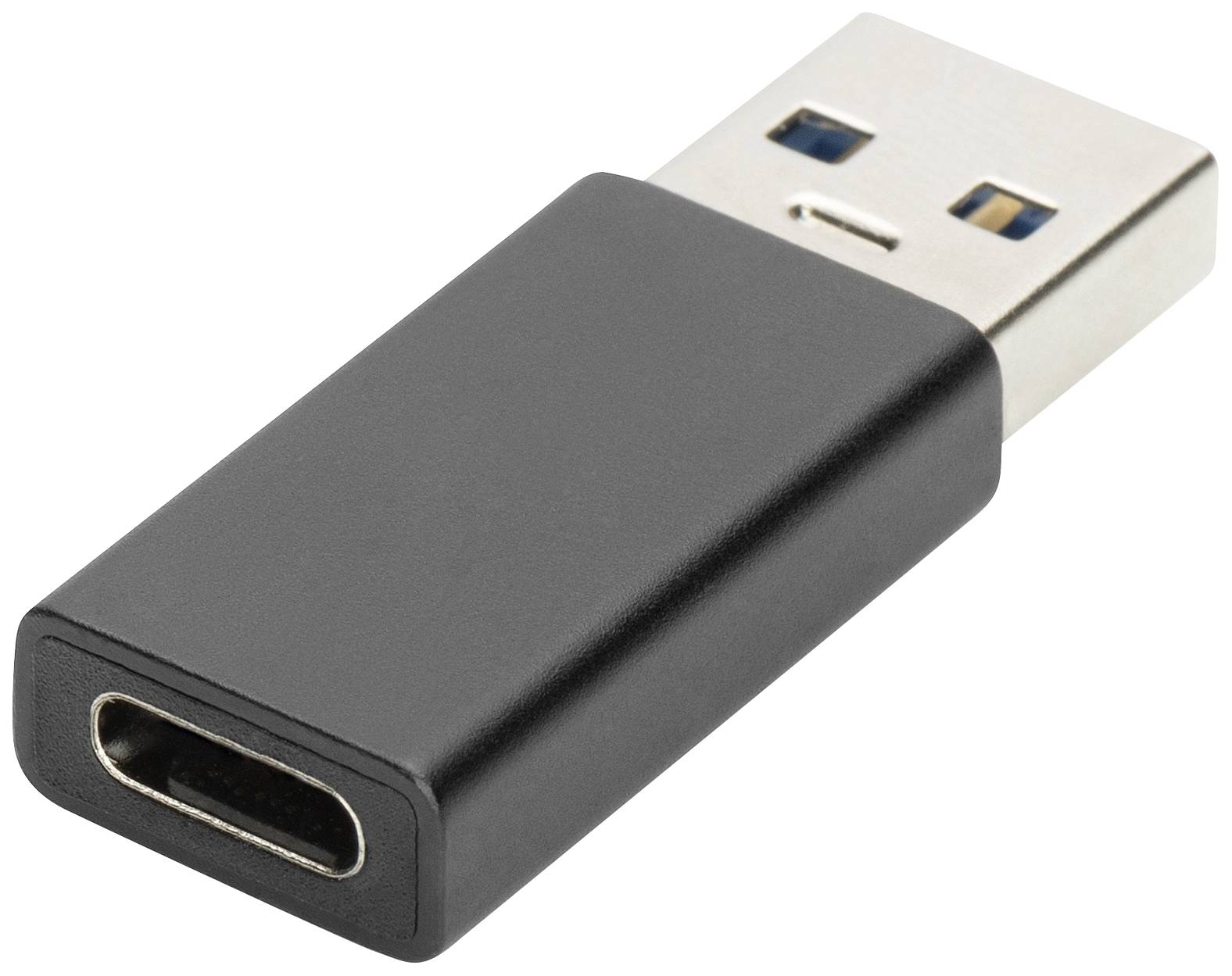 USB-A adaptér s USB-C konektorem, černé tělo, zobrazující obě strany konektorů.