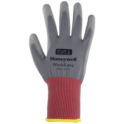 Pracovní rukavice 'Honeywell WorkEasy' s šedou dlaní a červeným zápěstím, označené 'CUT 1' pro odolnost proti proříznutí.