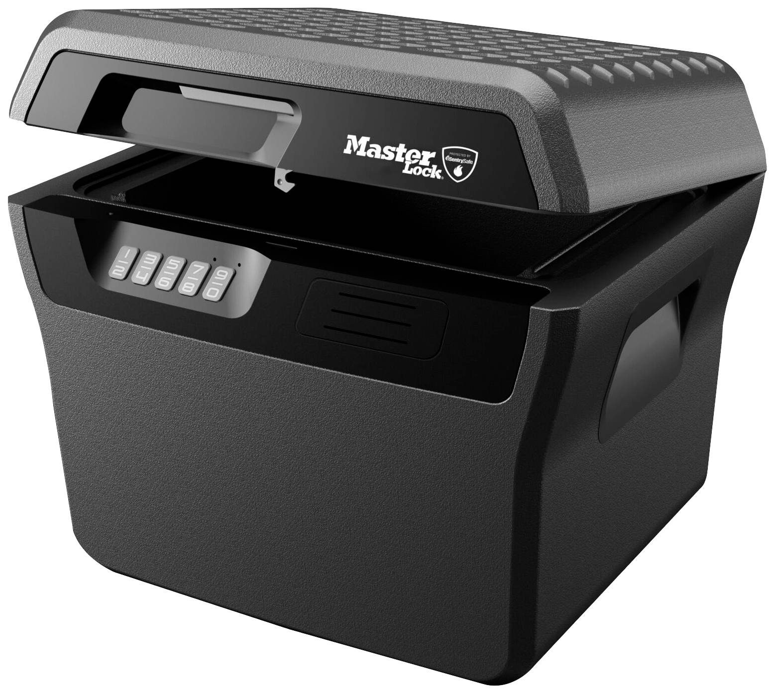 Černý trezor značky Master Lock je otevřený a ukazuje elektronickou klávesnici pro zadání kódu.
