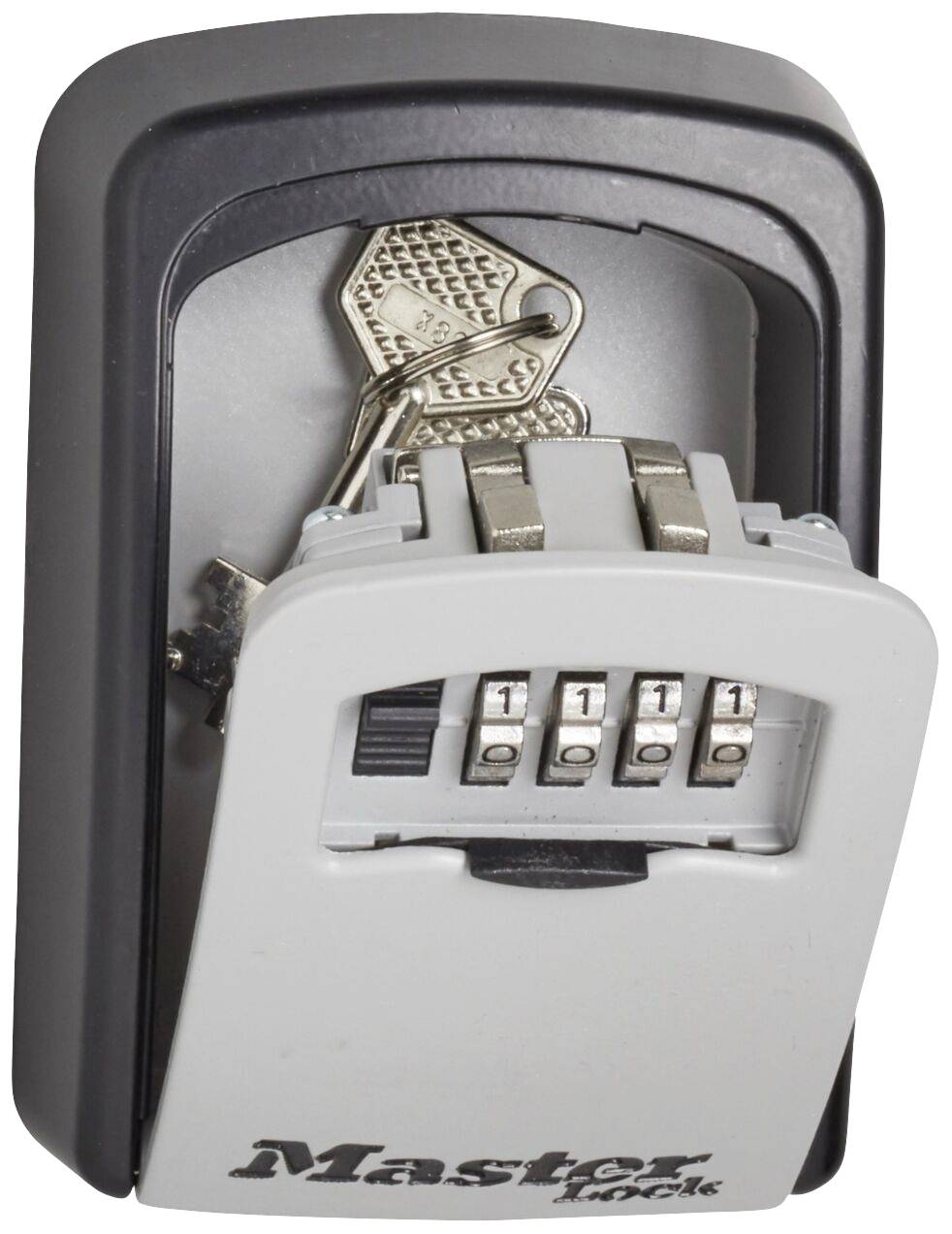 Šedý trezor na klíče s číselným zámkem, částečně otevřený, odhaluje klíče uvnitř. Nahoře je nápis „Master Lock".