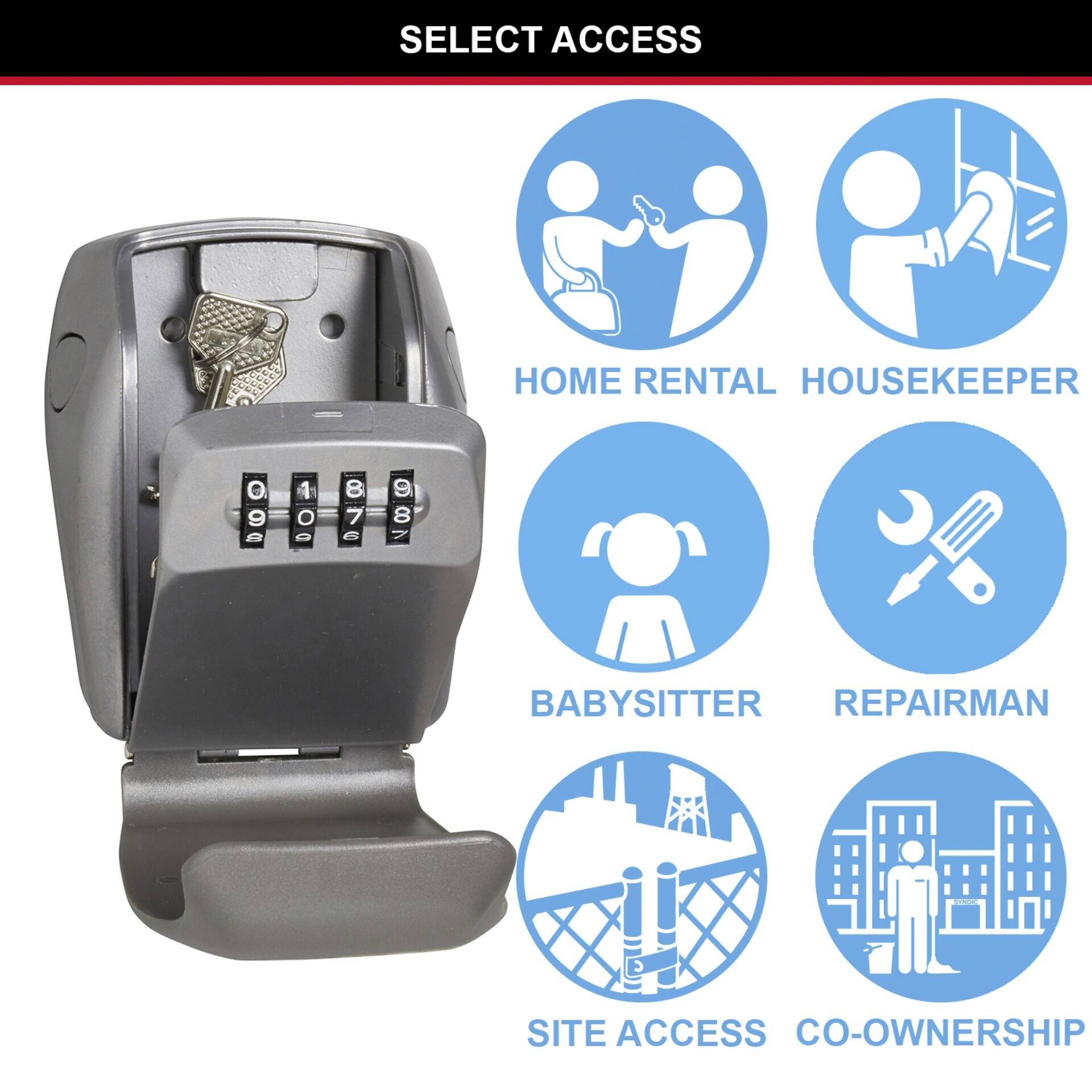 Schránka na klíče s číselným zámkem. Vedle symboly znázorňují možné použití: 'Pronájem bytu', 'Uklízečka', 'Chůva', 'Opravář', 'Přístup na místo', 'Spoluvlastnictví'.