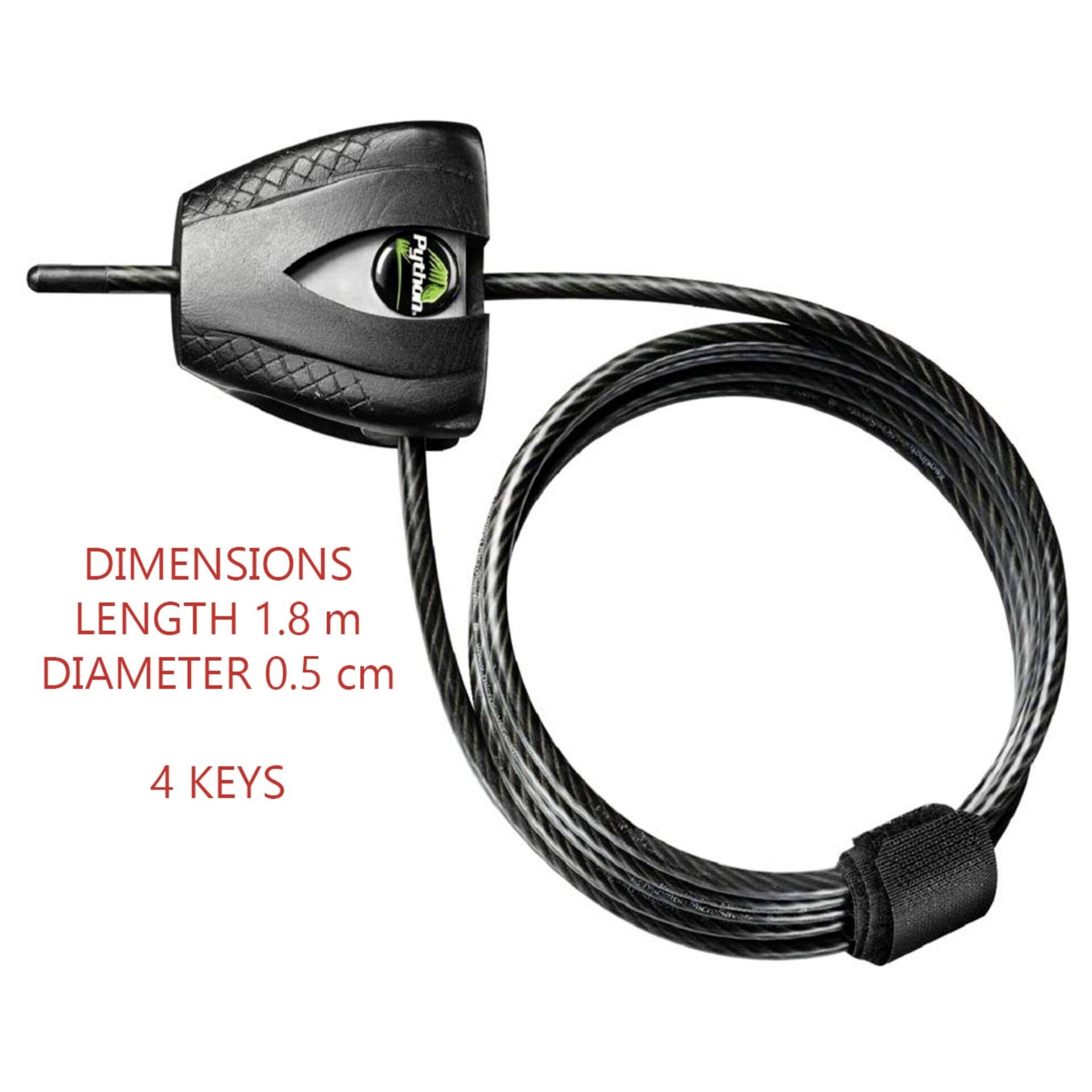 Černý zámek na kolo s lankem, délka 1,8 m, průměr 0,5 cm, včetně 4 klíčů.