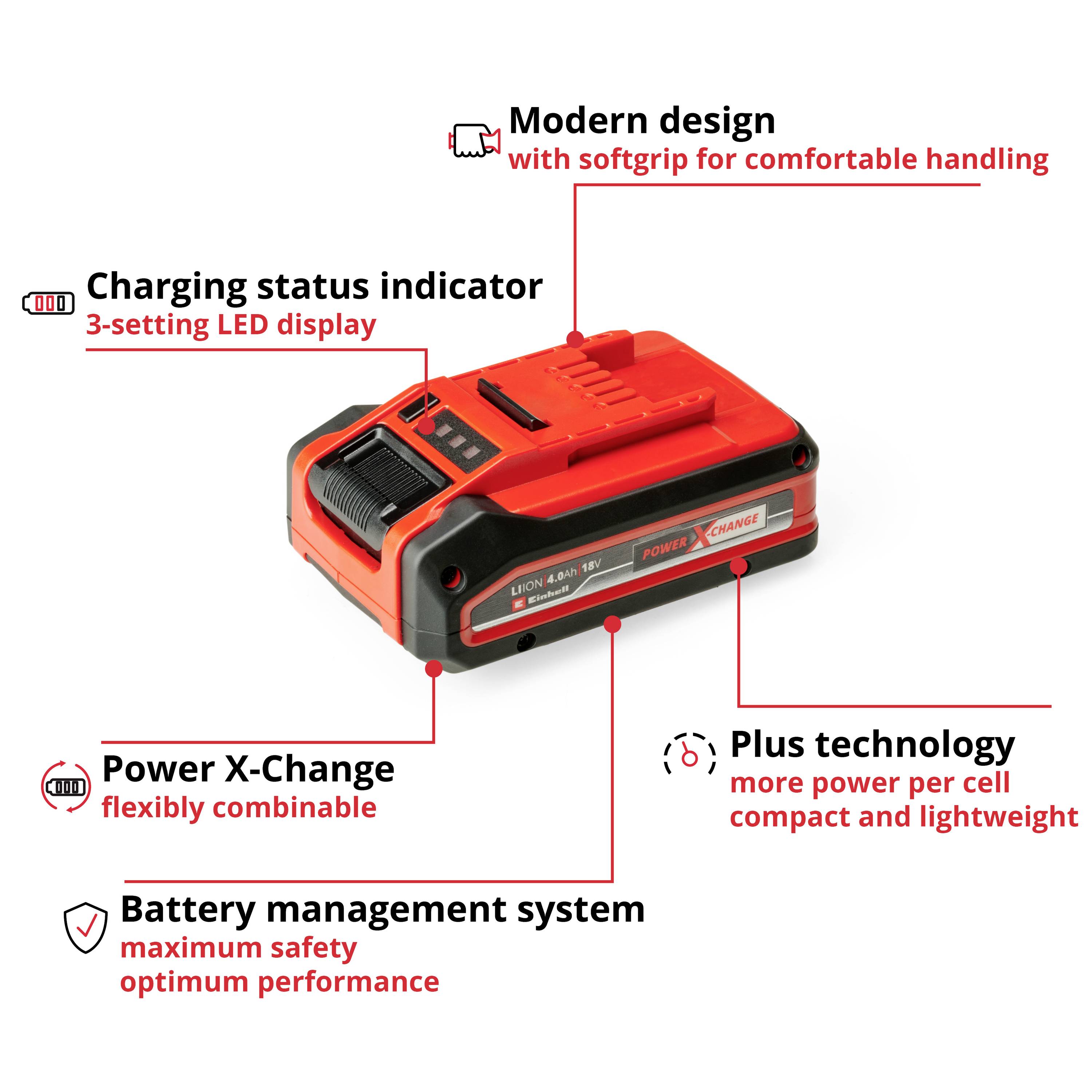Lithium-iontová baterie s moderním designem, LED indikátorem stavu nabití, systémem Power X-Change, bezpečným řízením baterie a technologií Plus pro vyšší výkon.