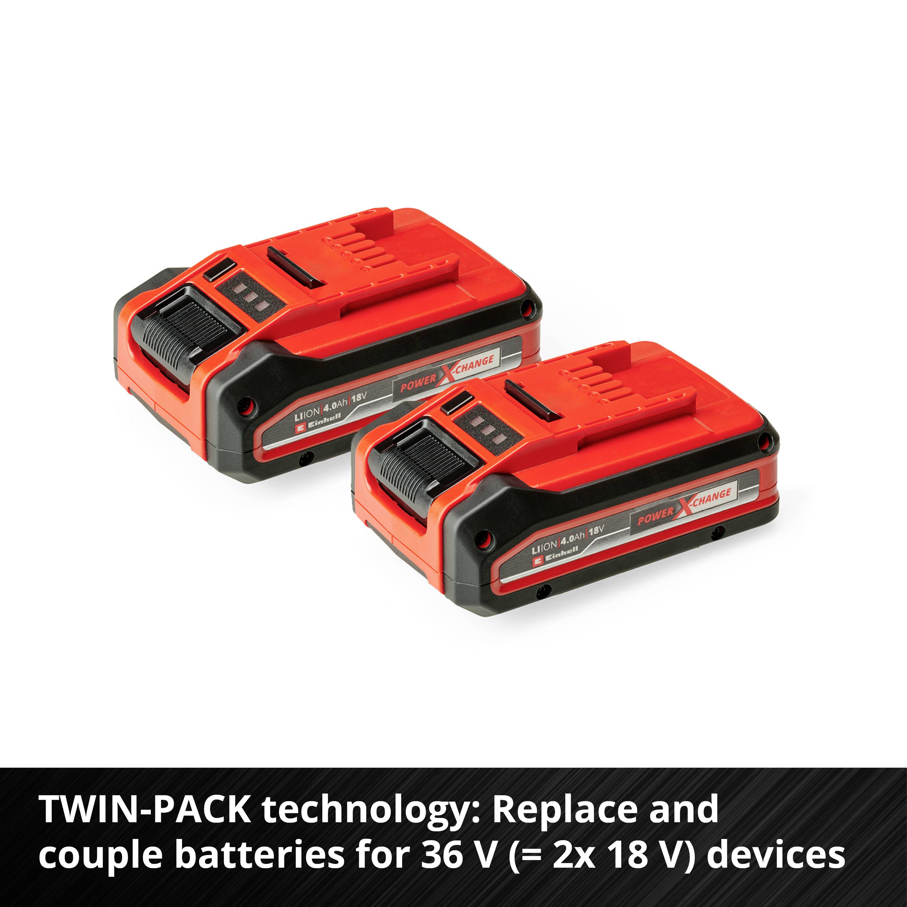 Dva červené akumulátory s černým nápisem 'POWER-X-CHANGE', určené pro 18V přístroje s technologií TWIN-PACK pro propojení za účelem použití s 36V napětím.
