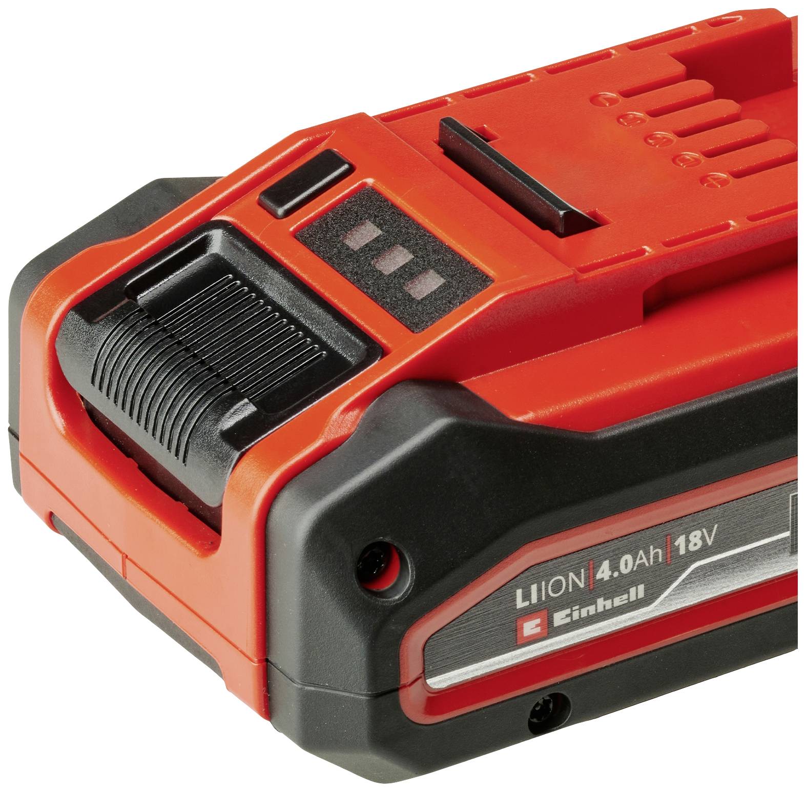 Červený 18V lithium-iontový akumulátor Einhell o kapacitě 4,0 Ah, prezentovaný z šikmého úhlu, ukazující horní a boční pohledy.
