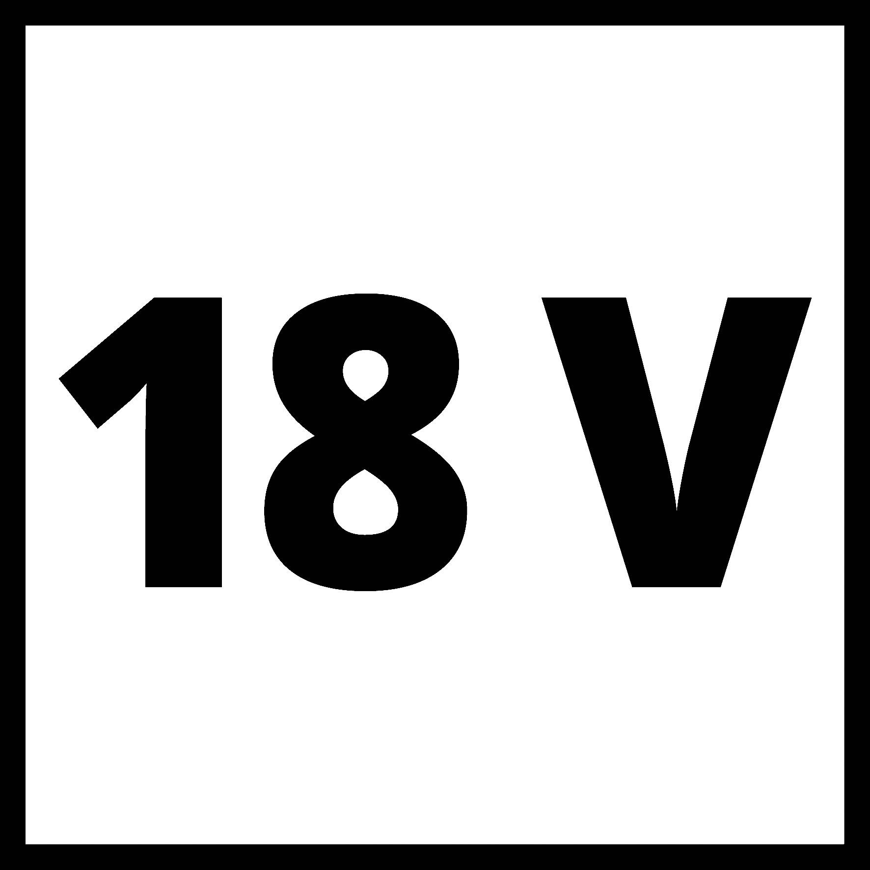 '18 V'-Symbol v černém písmu na bílém pozadí.