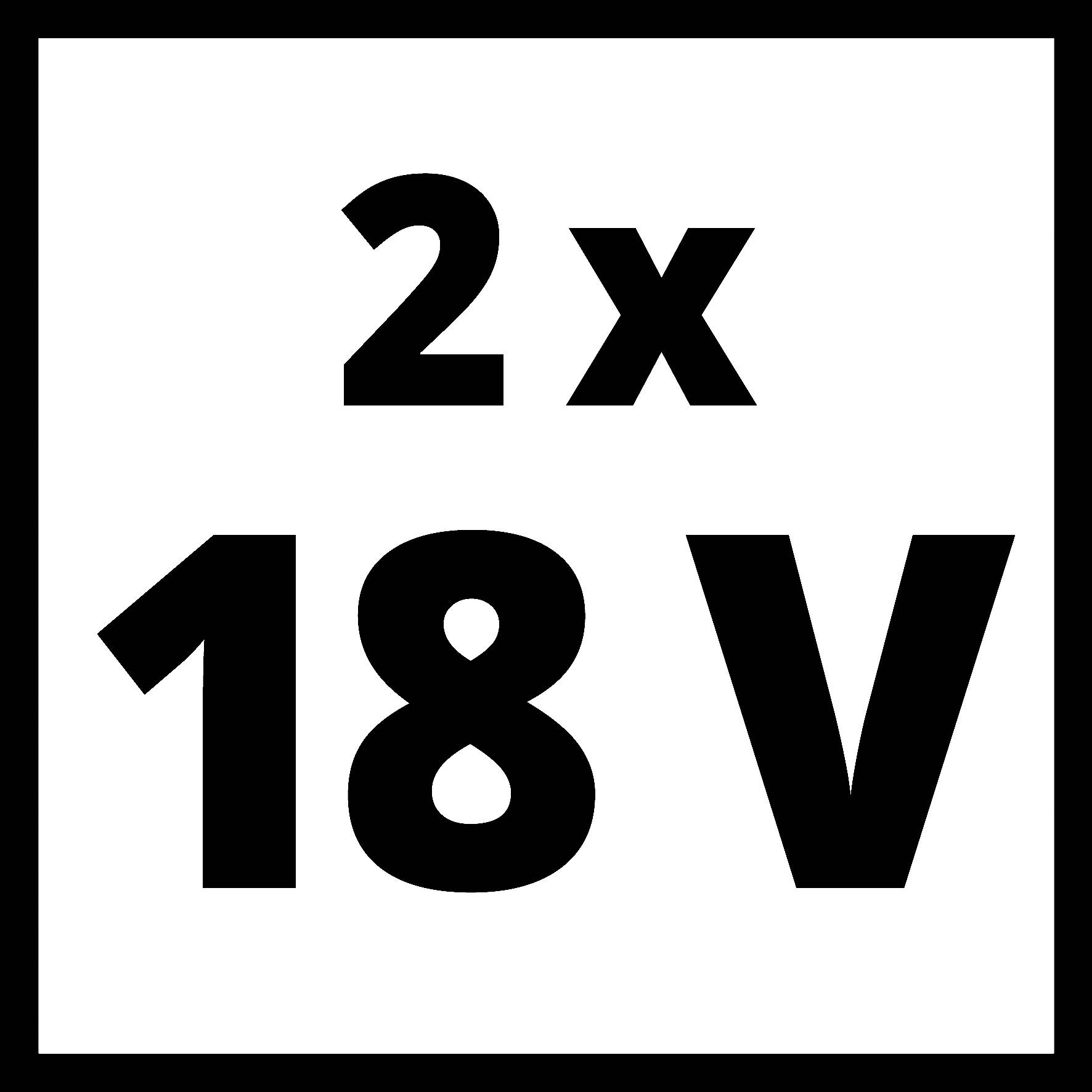 '2x 18V' na bílém pozadí naznačuje dvojité napětí nebo dvojité použití 18voltových baterií.