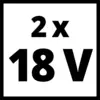 '2x 18V' na bílém pozadí naznačuje dvojité napětí nebo dvojité použití 18voltových baterií.