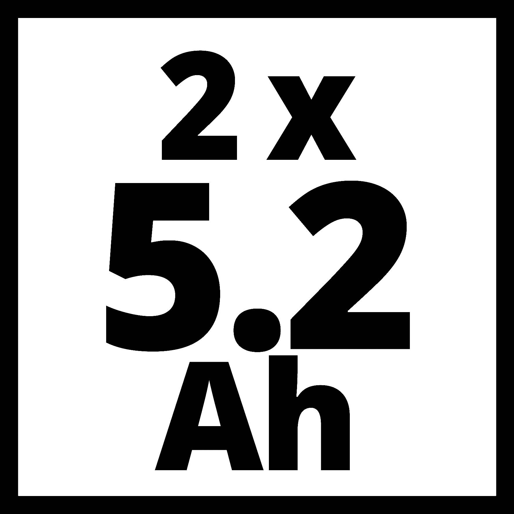 Na bílém pozadí je velkými černými písmeny napsáno „2 x 5.2 Ah".