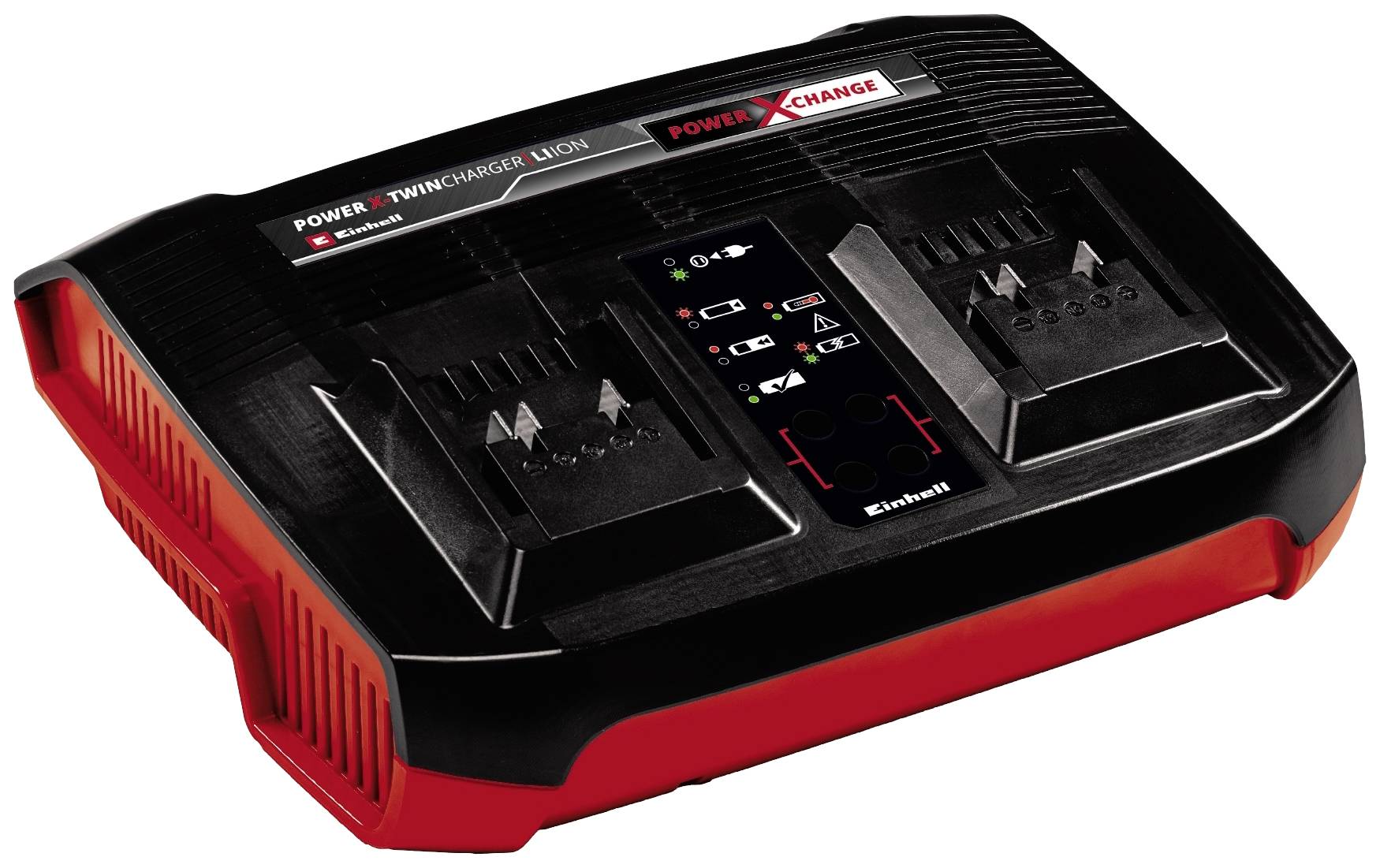 Duální nabíječka 'Power X-Change' pro lithium-iontové baterie, černočervená. S indikací nabíjení pomocí LED a dvěma akumulátorovými sloty.