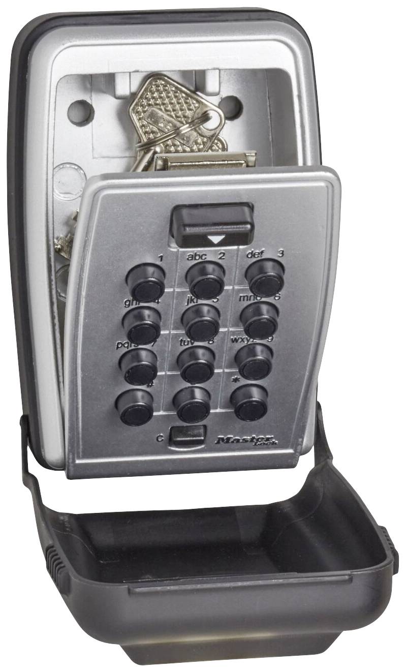 Trezor na klíče s číselným kódem, zobrazený otevřený. Uvnitř se nachází svazek klíčů. Trezor je vyroben z kovu a má robustní design.