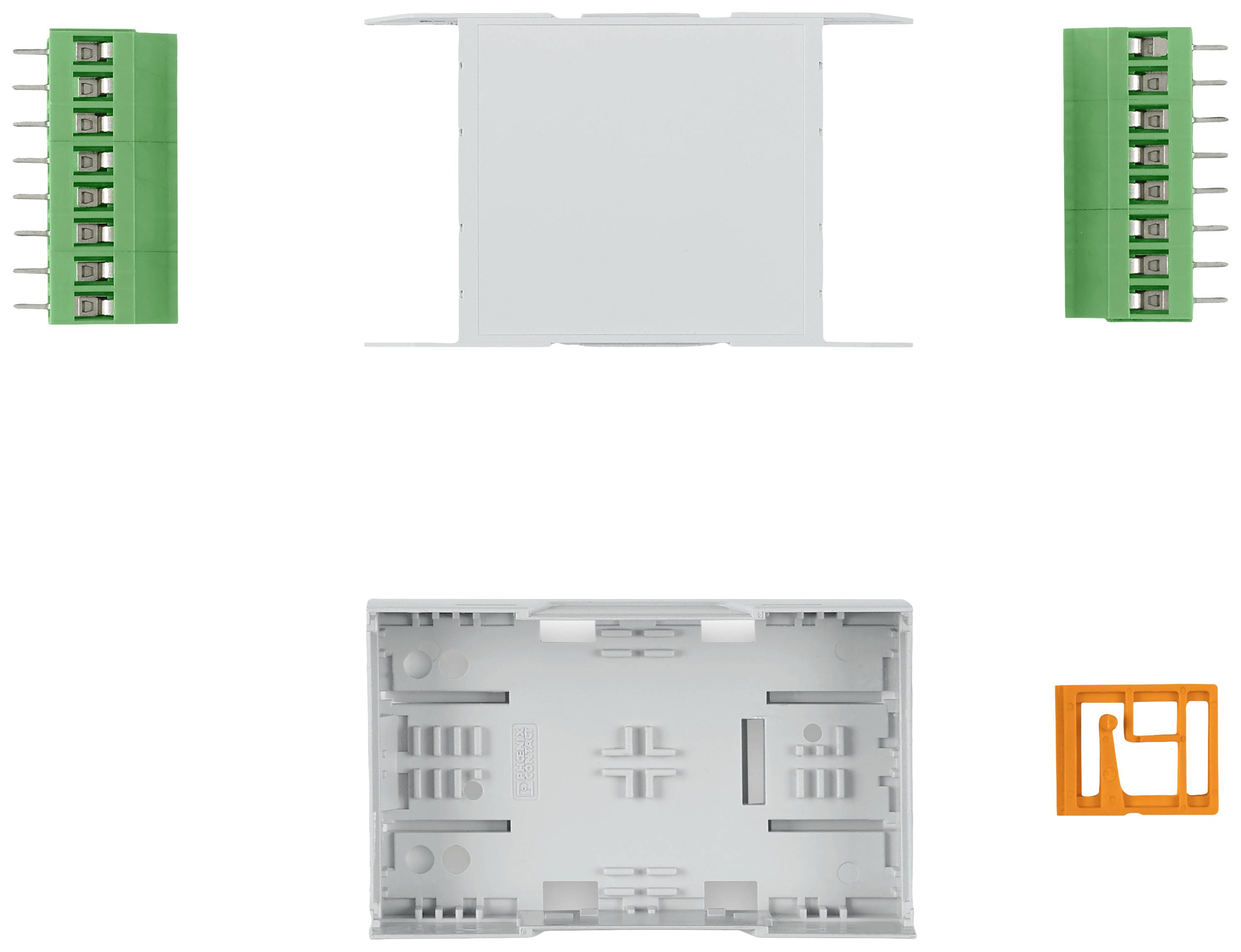 Pouzdro pro elektronická zařízení, skládající se z bílé plastové krabičky, dvou zelených připojovacích svorek a oranžového montážního klipsu.