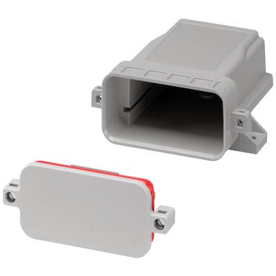 Obdélníkový šedý kryt s odnímatelným víkem, vhodný pro elektronické nebo elektrické komponenty.