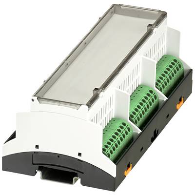 Tříposchoďový modulový kryt se zelenobílými přípojkami a průhledným krytem, vhodný pro průmyslové aplikace.