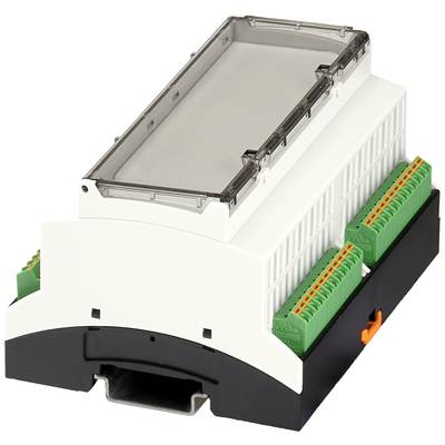 Bílé, obdélníkové elektronické zařízení s šedým krytem, zelenými konektory a černou základnou. Určeno pro montáž na lištu DIN.